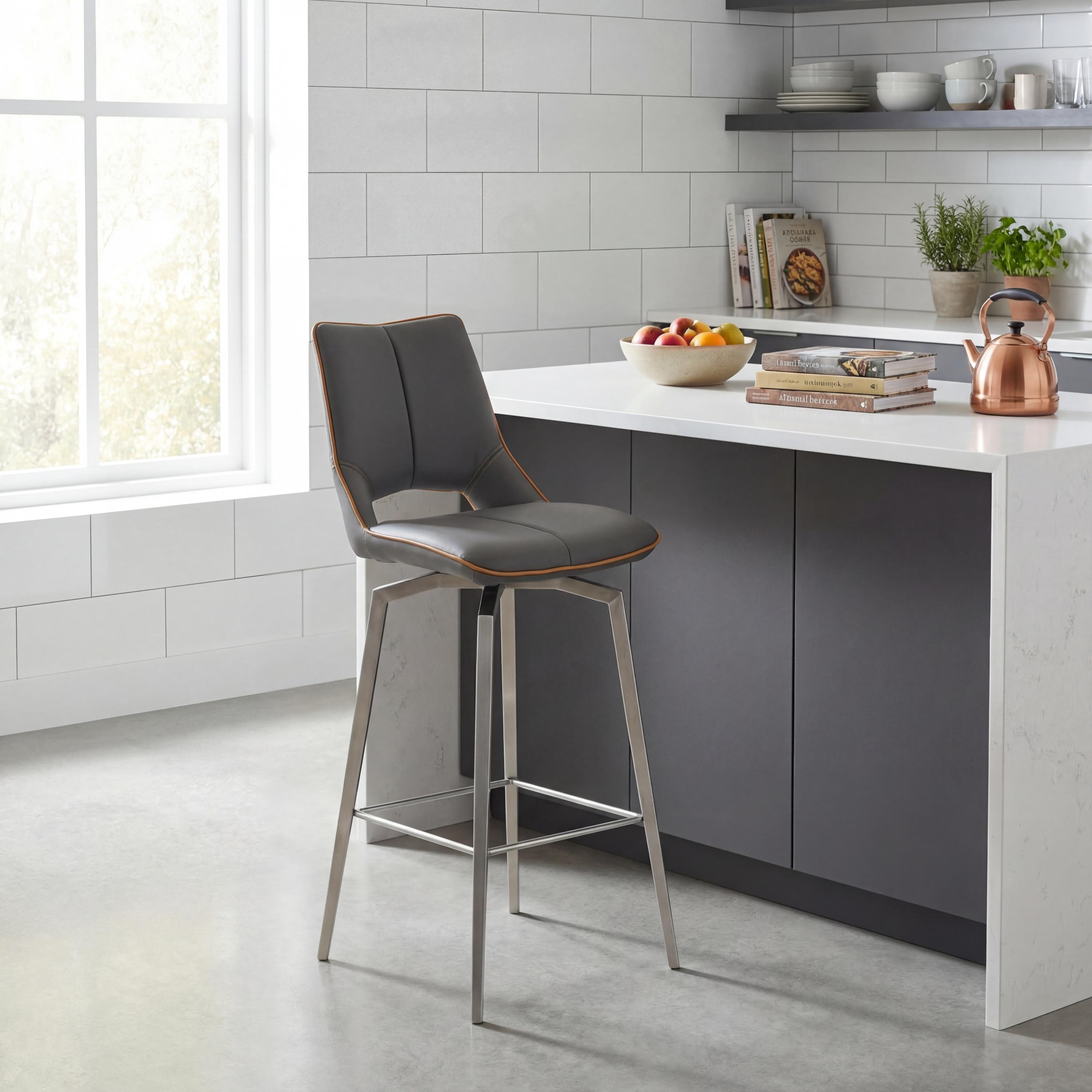 Somerwick Graphite Grey Swivel Bar Chair – Stainless Steel Legs by Shankar | Style Our Home
