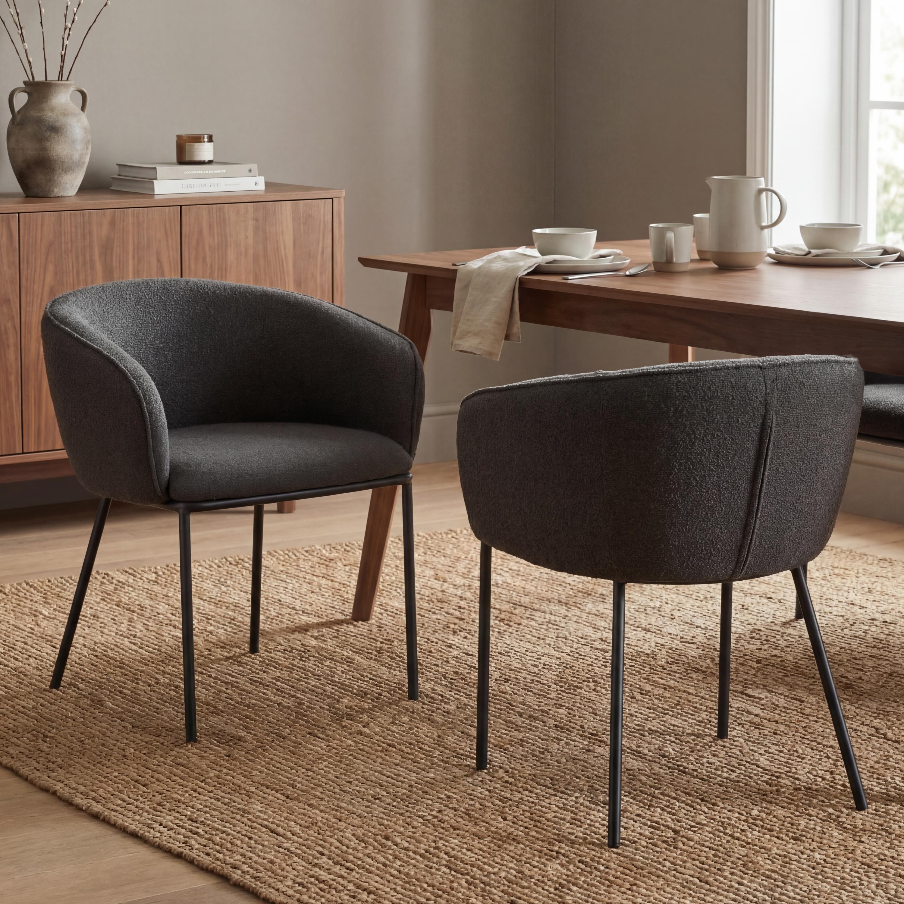 Westboham Grey Bouclé Curved Arm Dining Chair – Black Metal Legs (2pk) by Shankar | Style Our Home