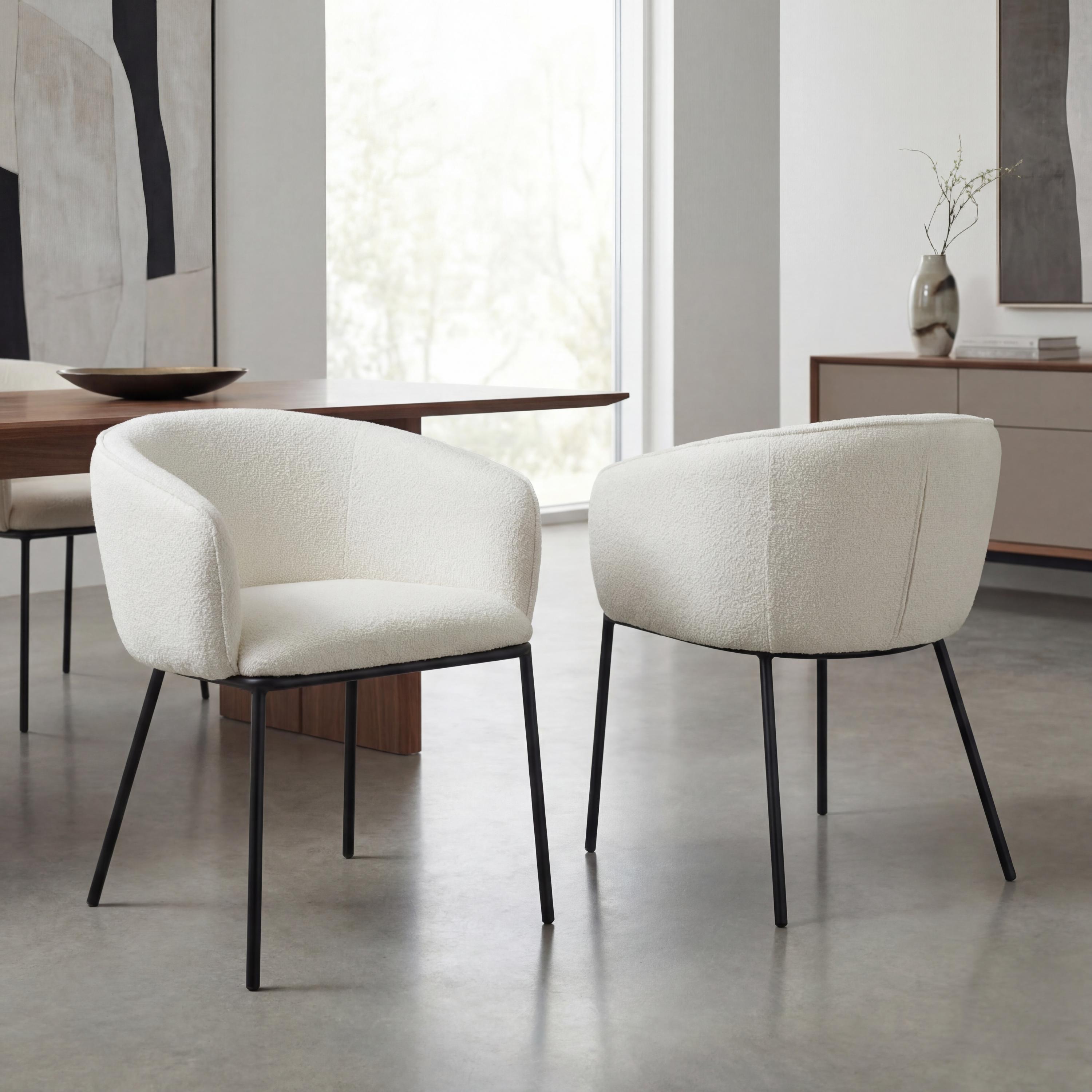 Westboham White Bouclé Curved Arm Dining Chair – Black Metal Legs (2pk) by Shankar | Style Our Home