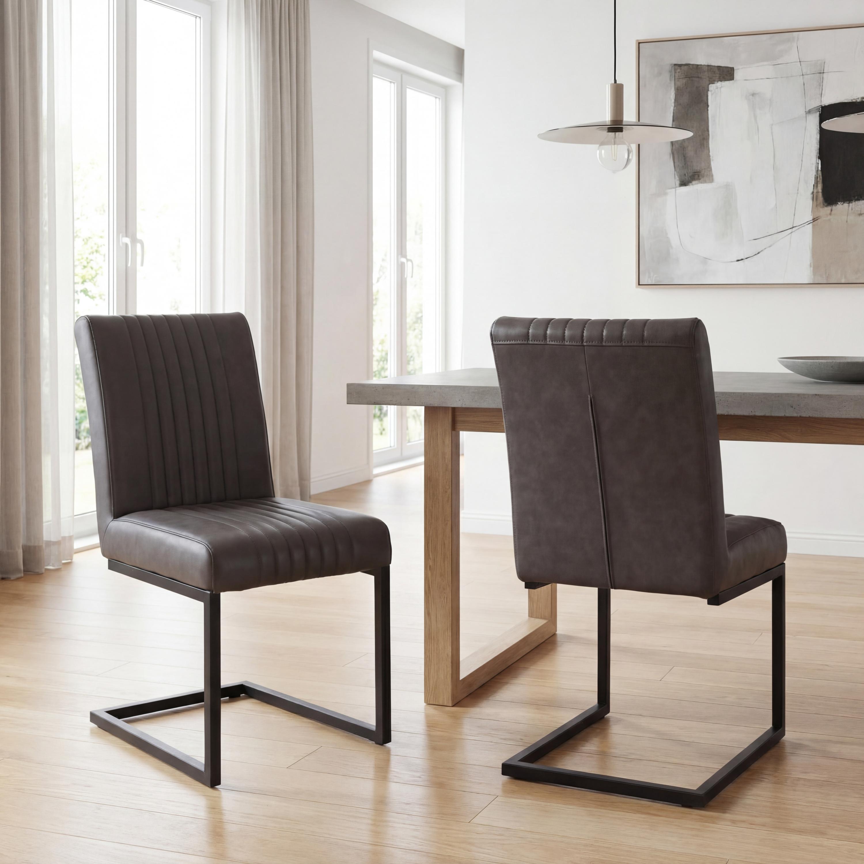Langfland Brownish Grey Leather Effect Industrial Dining Chair – Dark Grey Cantilever Legs (2pk) by Shankar | Style Our Home