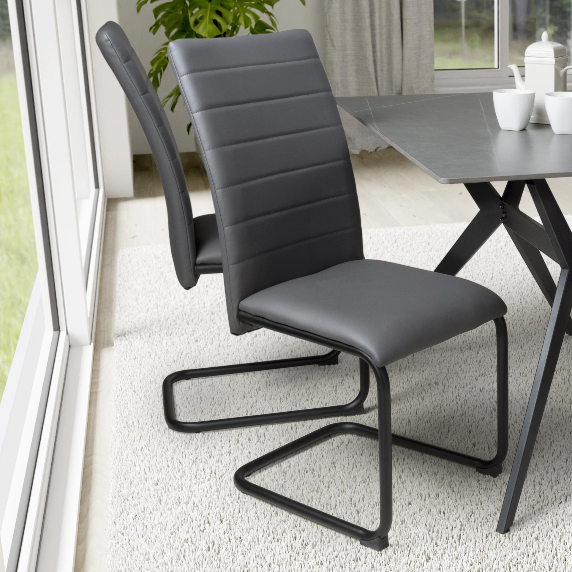 Arlingmere Grey Leather Effect Cantilever Dining Chair – Black Metal Legs (4pk) by Shankar | Style Our Home