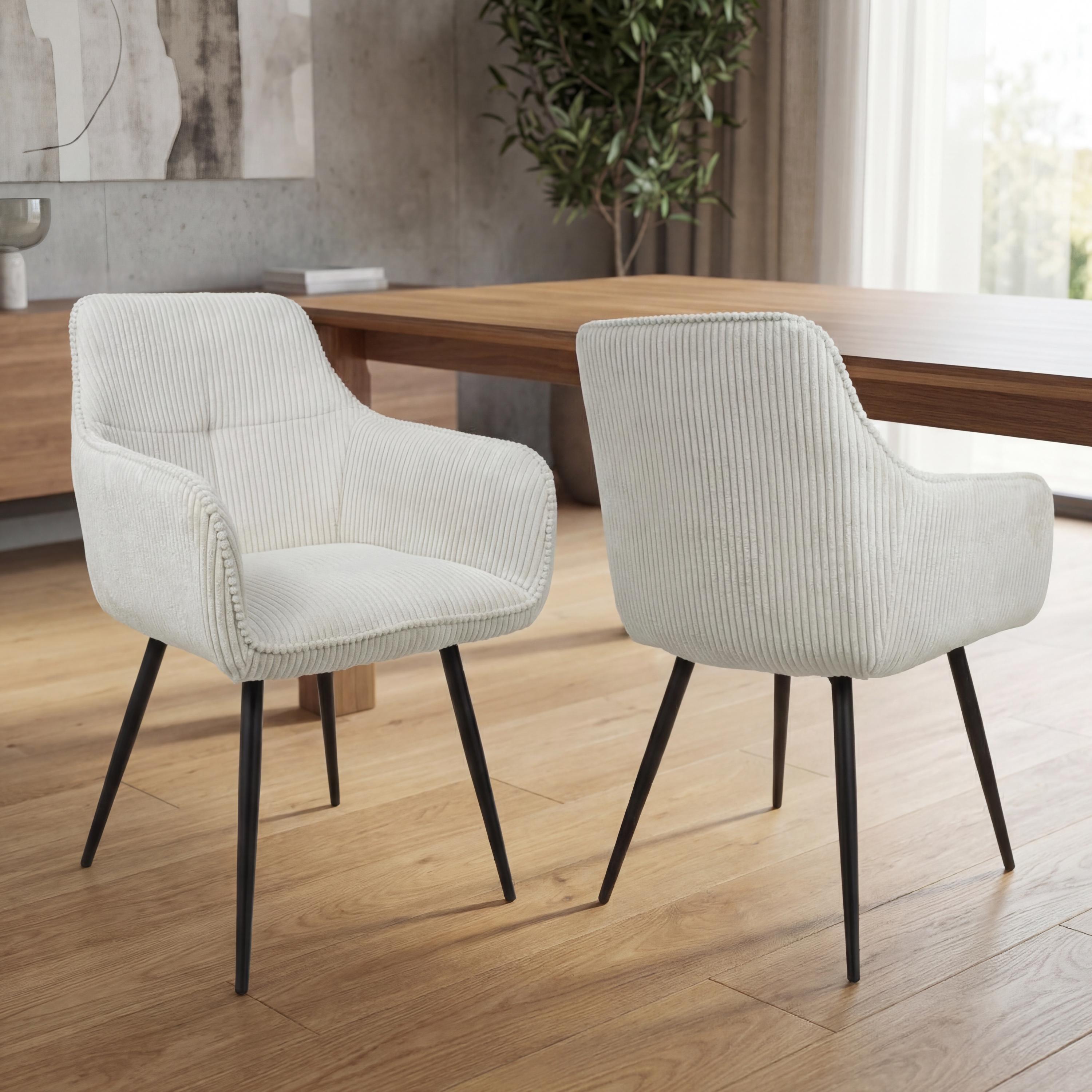Sorrebourne White Corduroy Upholstered Dining Chair – Black Metal Cross Frame Legs (2pk) by Shankar | Style Our Home