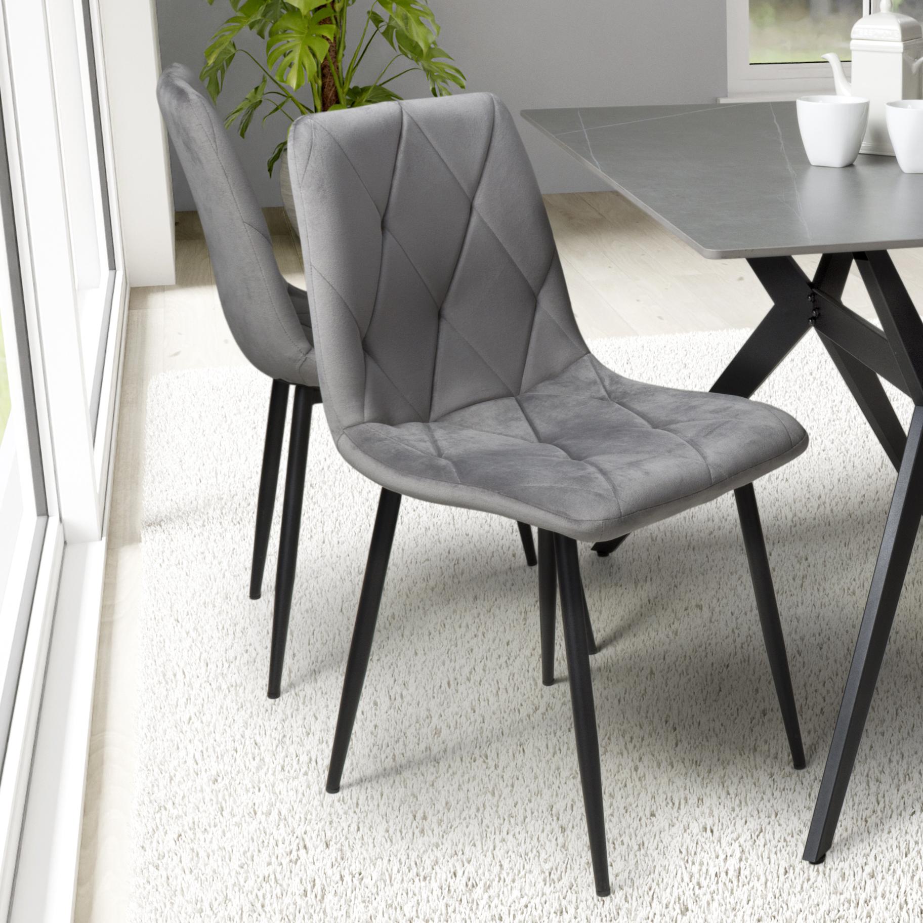 Valenwood Grey Brushed Velvet Dining Chair – Black Metal Cross Frame Legs (4pk) by Shankar | Style Our Home