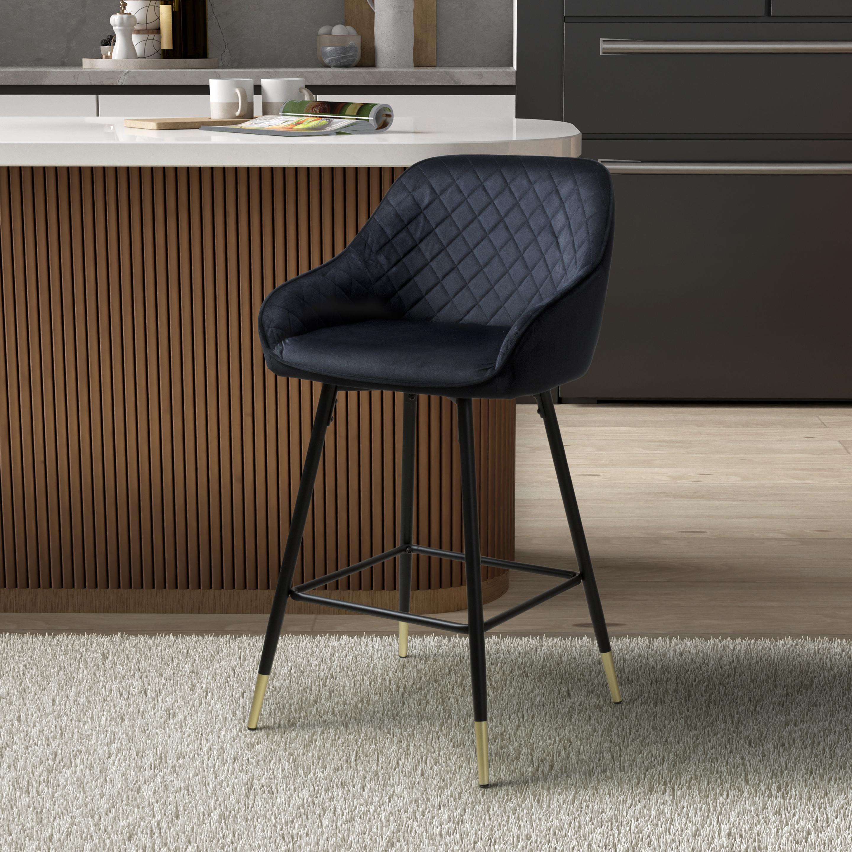 Cresworth Black Brushed Velvet Bar Stool with Gold Trim Legs (2pk) by Shankar | Style Our Home
