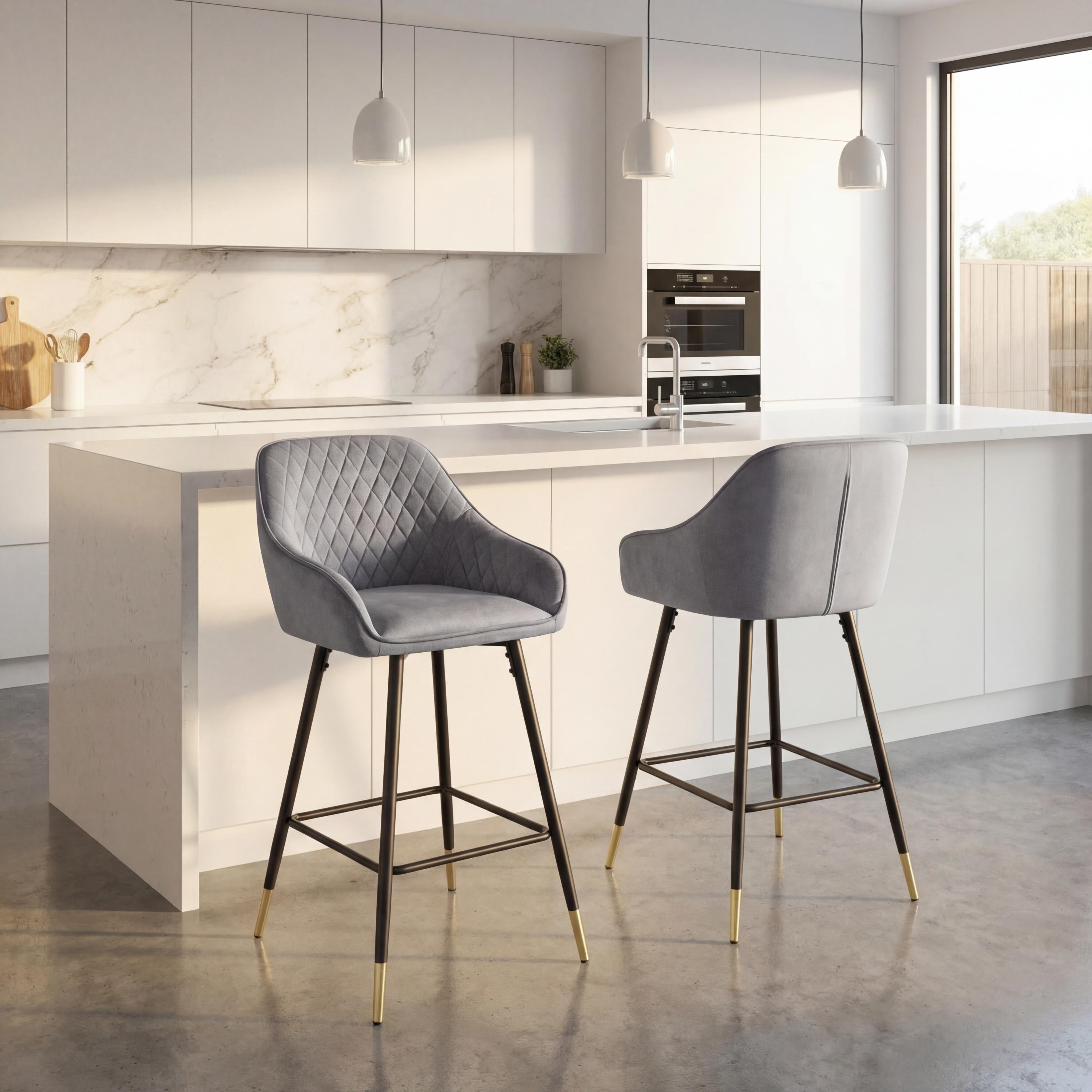 Cresworth Grey Brushed Velvet Bar Stool with Gold Trim Legs (2pk) by Shankar | Style Our Home
