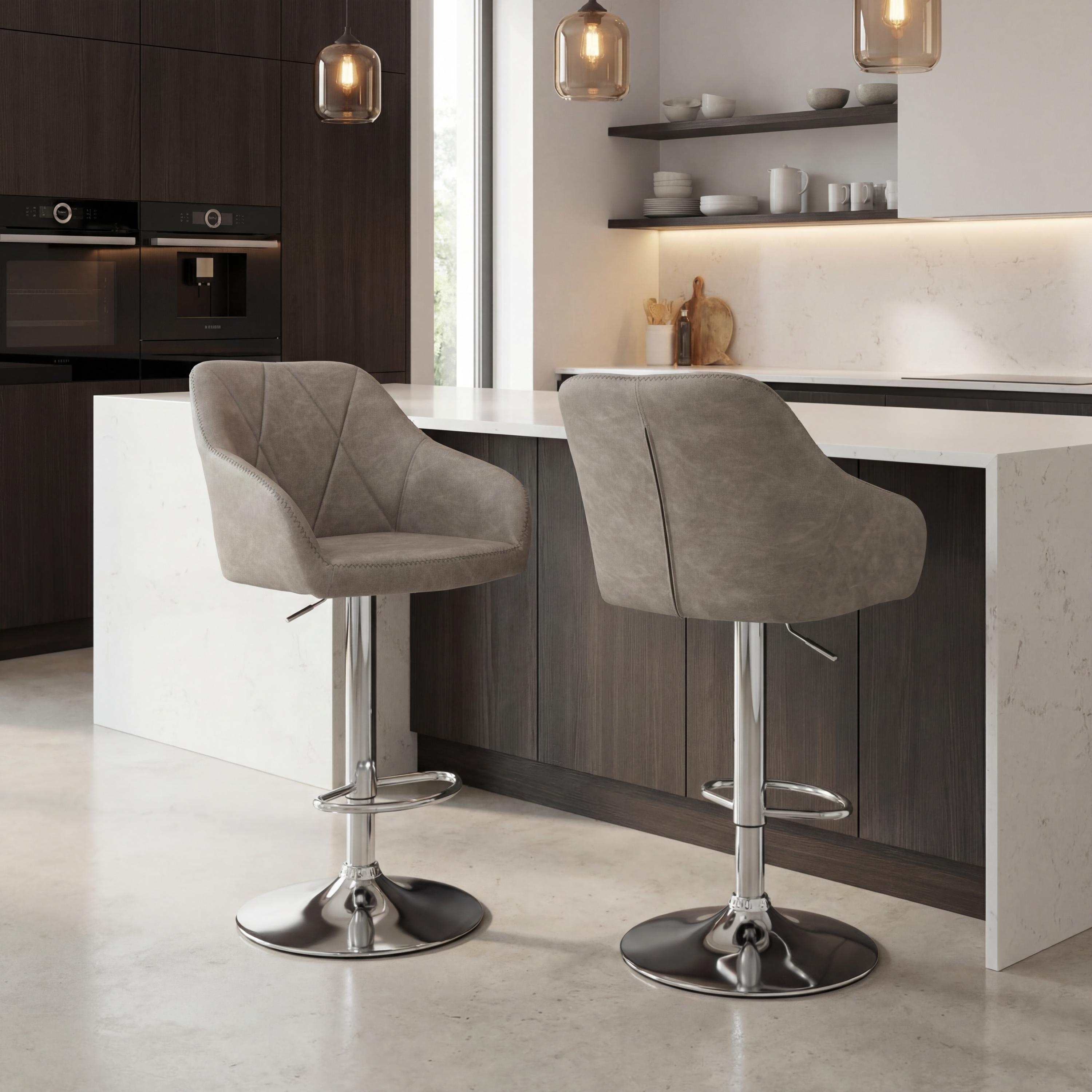 Carltmere Mink Leather Effect Swivel Bar Stool with Chrome Base (2pk) by Shankar | Style Our Home