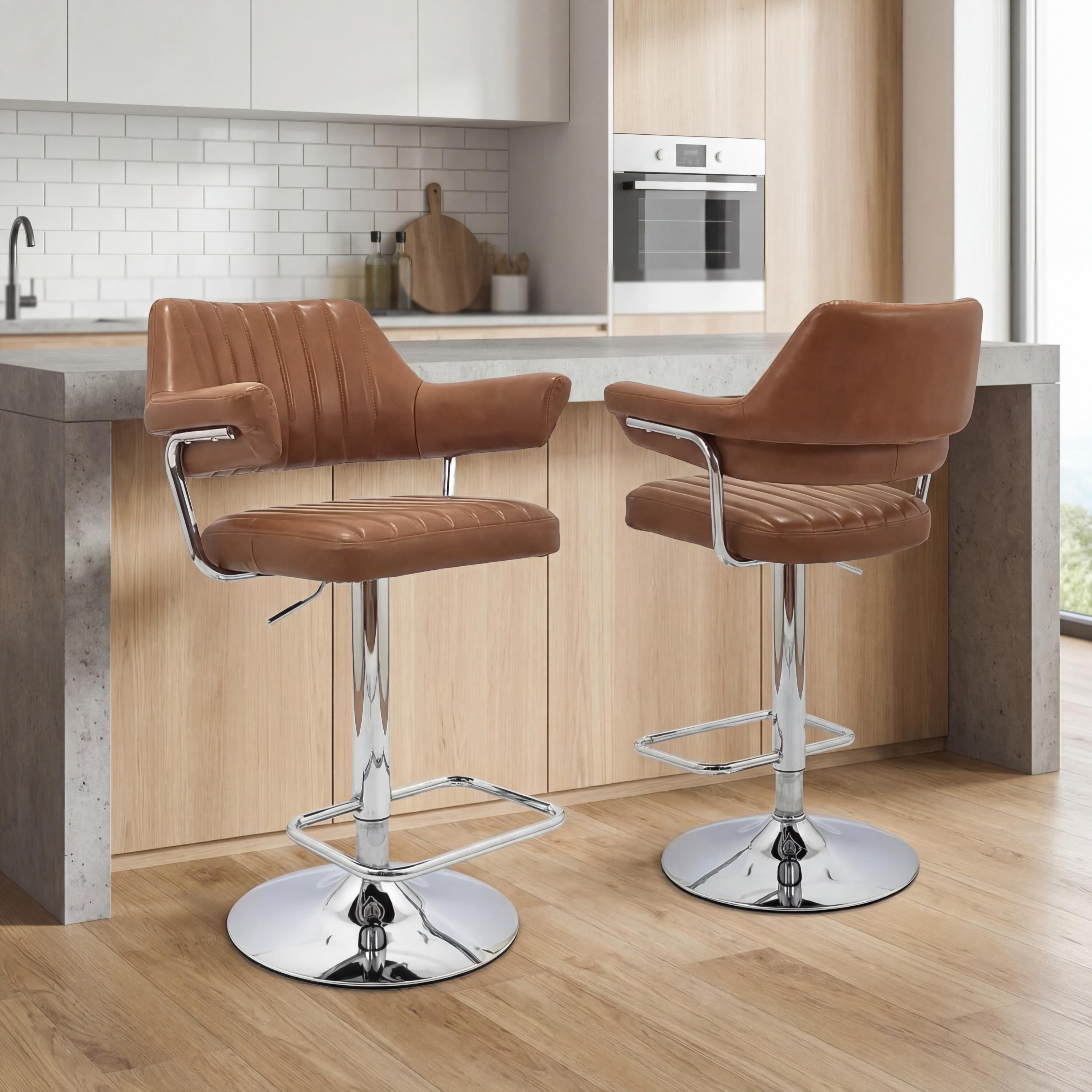 Carltmere Tan Leather Effect Swivel Bar Stool with Chrome Frame (2pk) by Shankar | Style Our Home