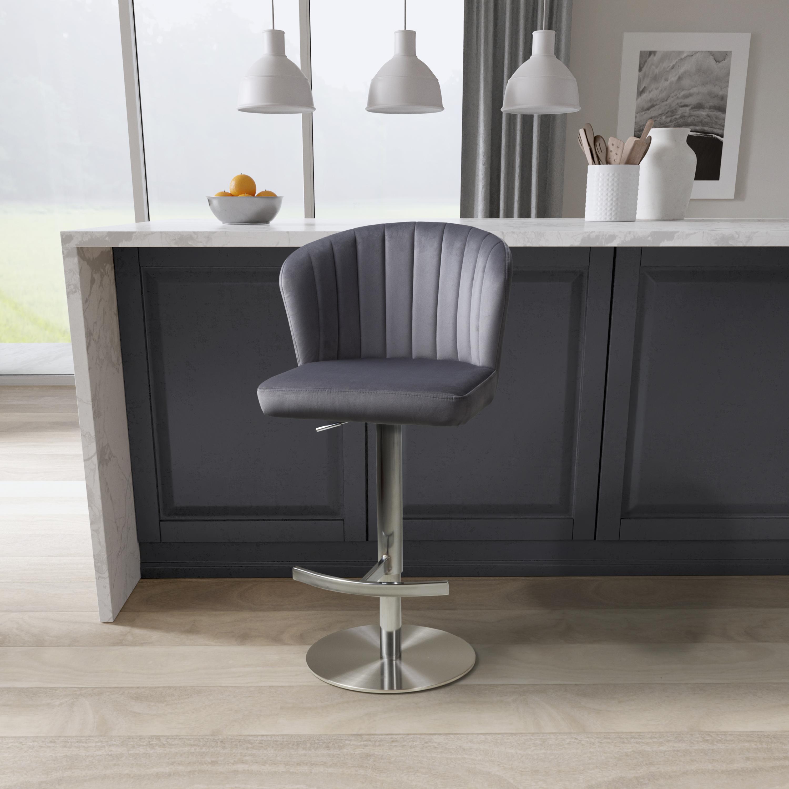 Carltmere Grey Brushed Velvet Swivel Bar Stool with Stainless Steel Base by Shankar | Style Our Home