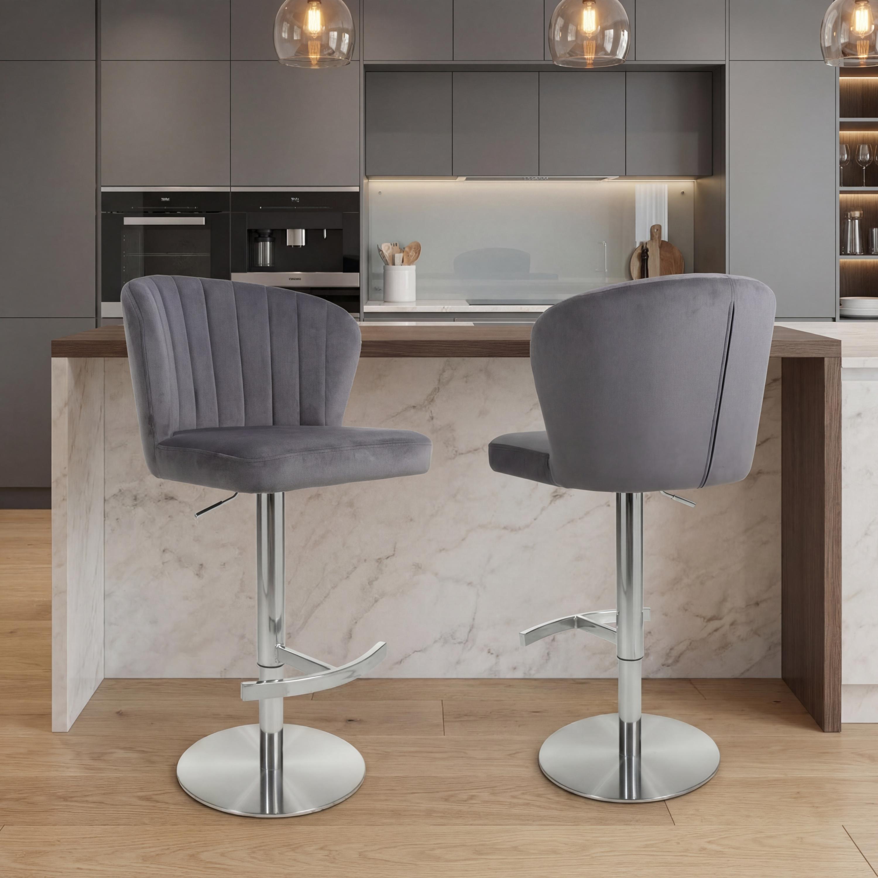 Carltmere Grey Brushed Velvet Swivel Bar Stool with Stainless Steel Base by Shankar | Style Our Home