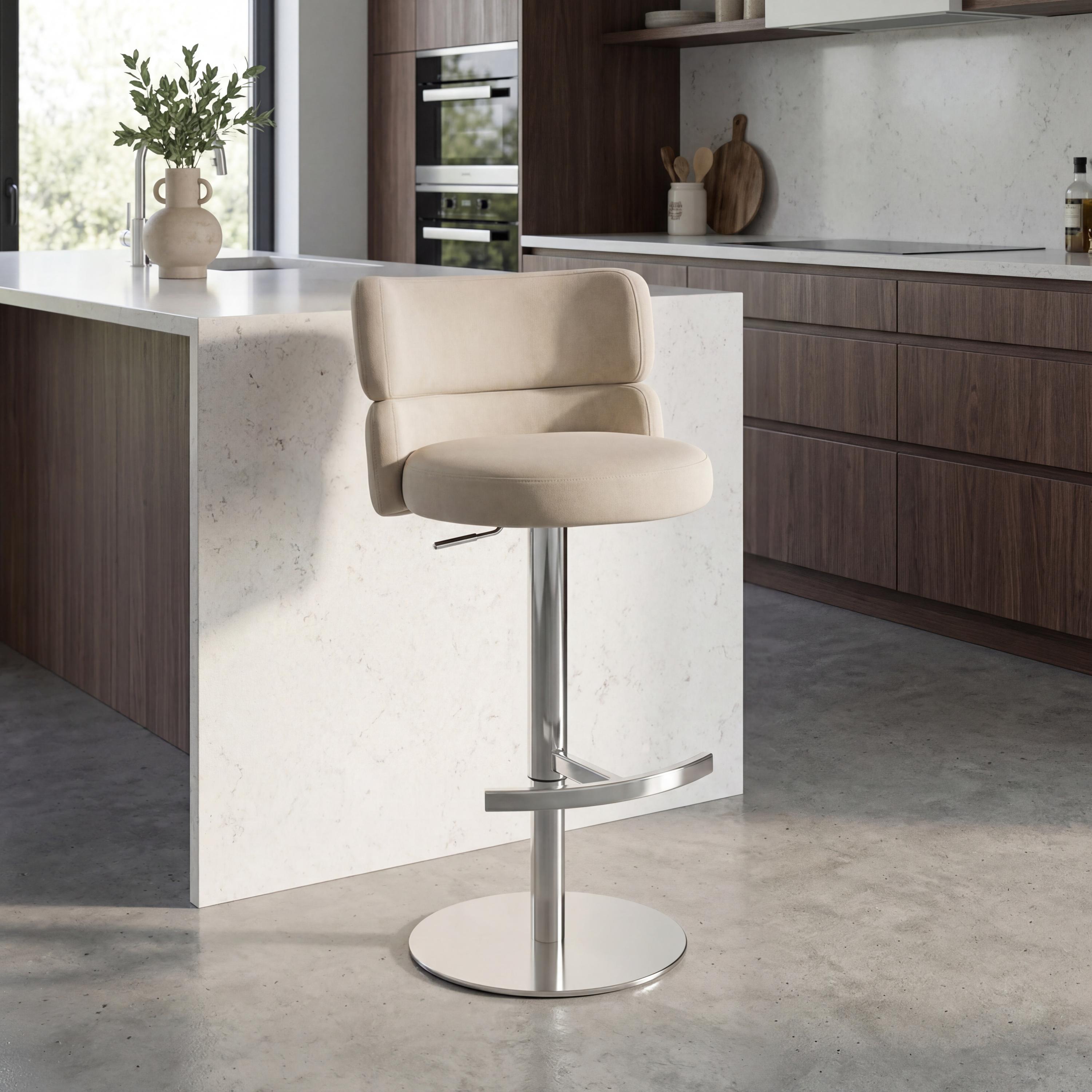 Meridston Cream Upholstered Adjustable Swivel Bar Stool with Chrome Base by Shankar | Style Our Home