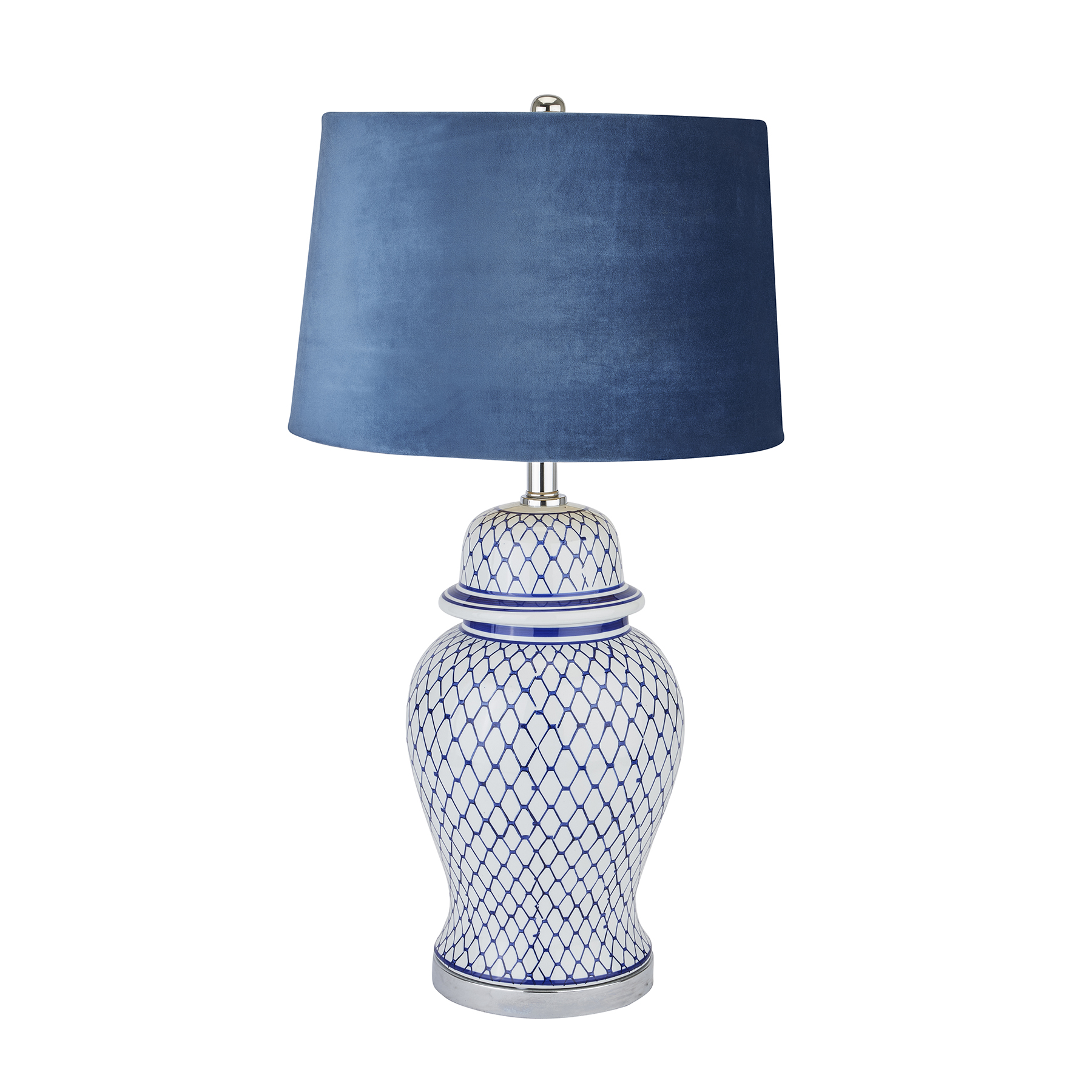 Malabar Blue And White Ceramic Lamp With Blue Velvet Shade by Hill Interiors | Style Our Home  