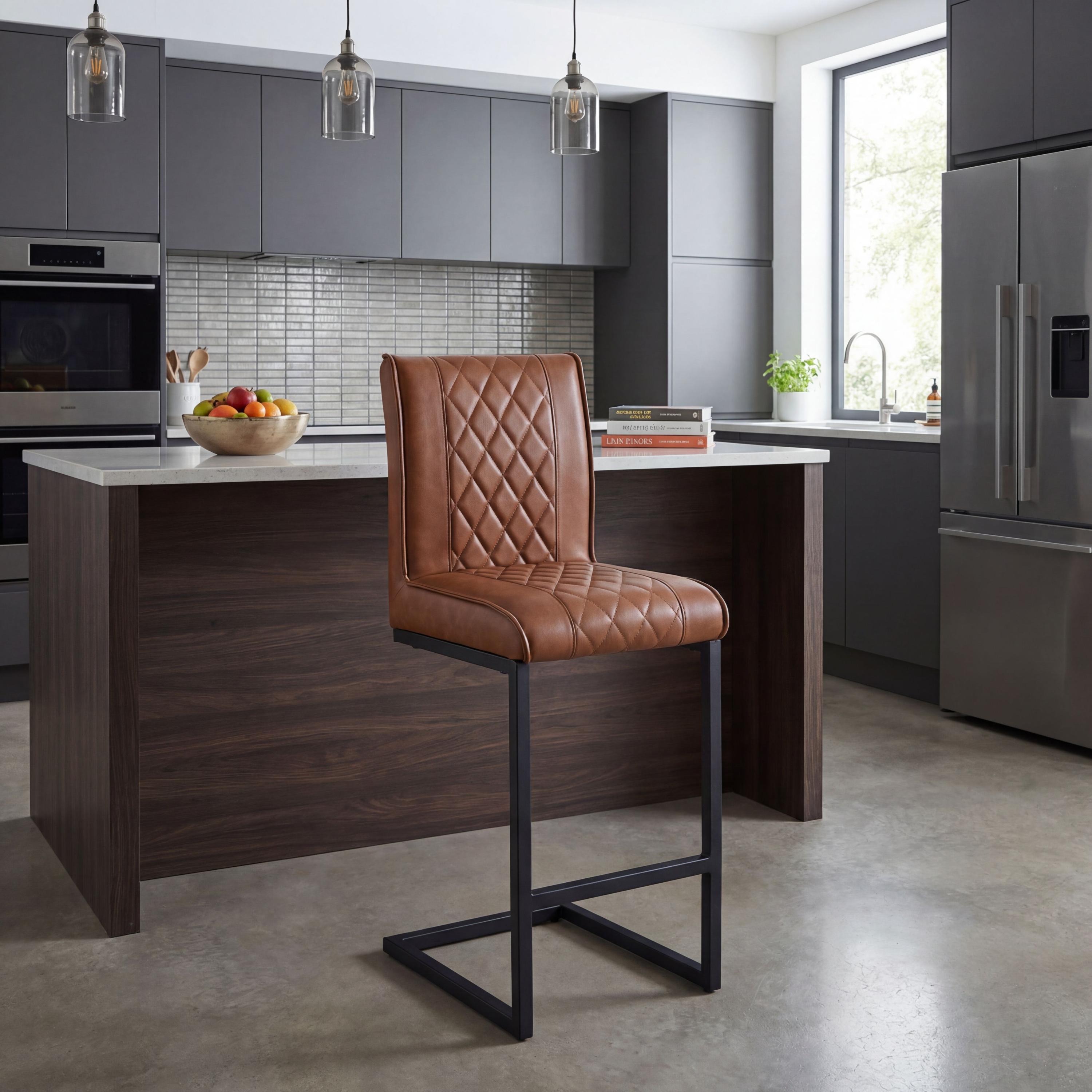 Ainslvell Tuscan Tan Leather Effect Cross Stitch Bar Stool with Black Metal Frame by Shankar | Style Our Home
