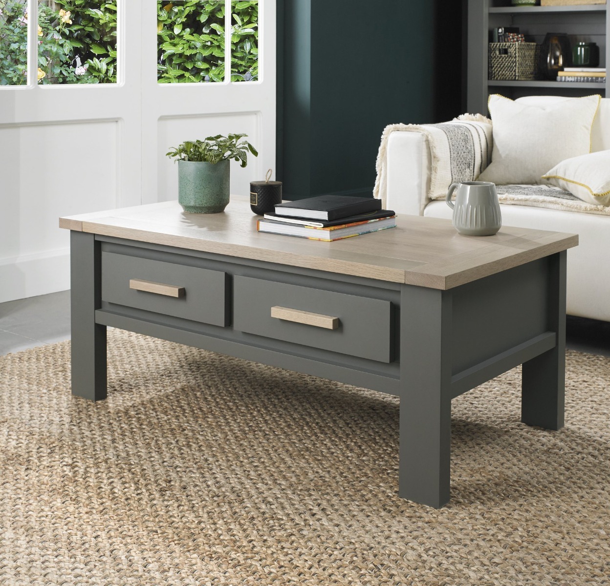 Oakham Dark Grey & Scandi Oak Coffee Table With Drawers - Style Our Home