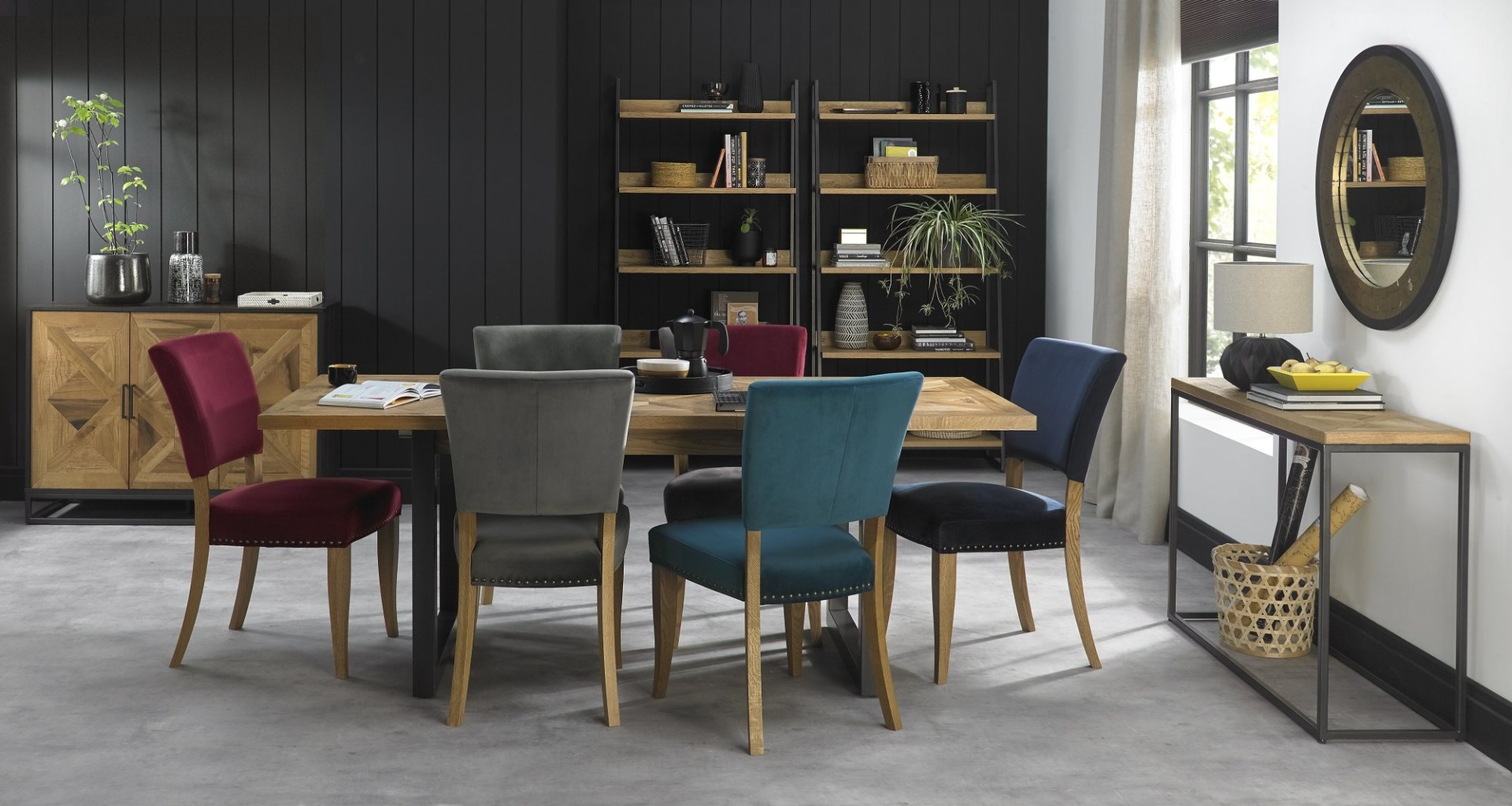Marque Rustic Oak Upholstered Chair - Crimson Velvet Fabric (Pair) - Style Our Home