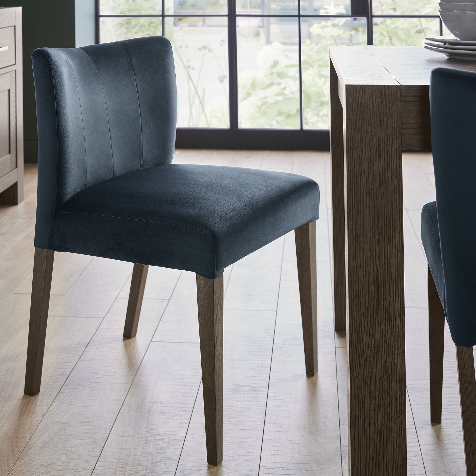 Turin Dark Oak Upholstered Dark Blue Dining Chair (a pair) - Style Our Home