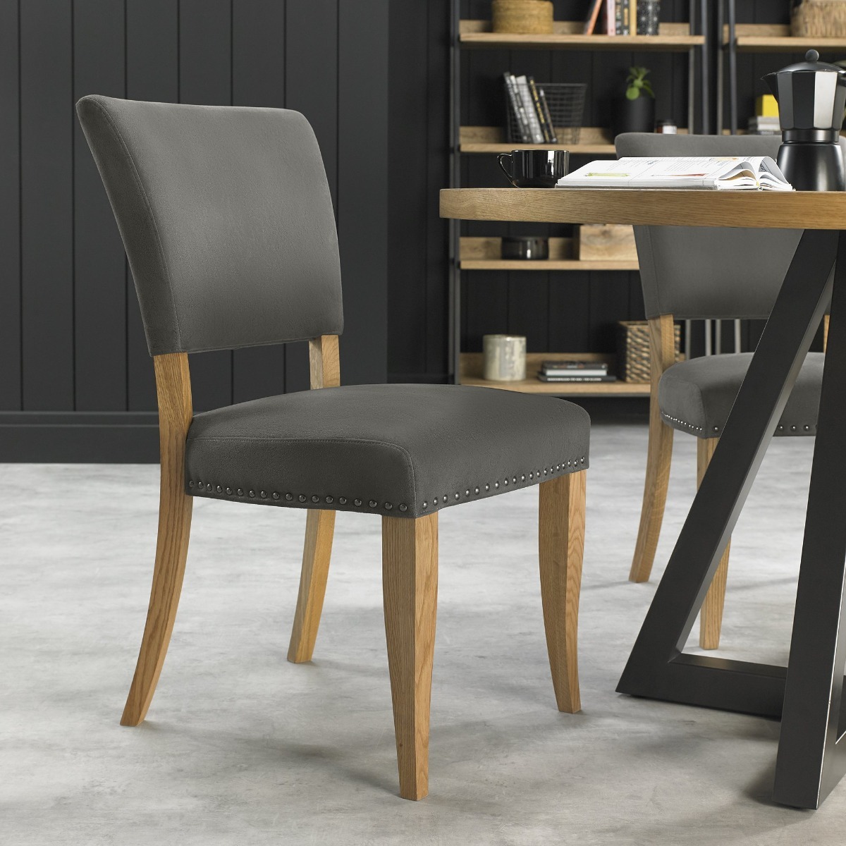 Marque Rustic Oak Upholstered Chair - Dark Grey Fabric (Pair) - Style Our Home