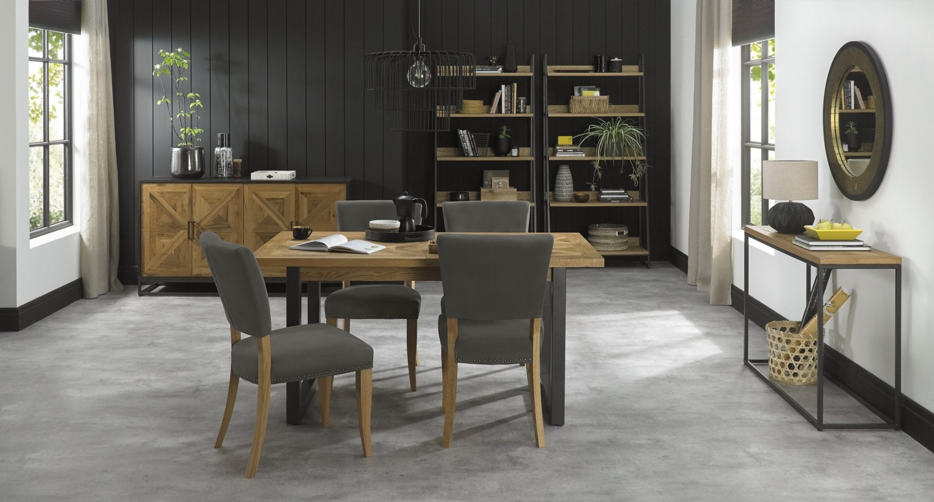 Marque Rustic Oak Upholstered Chair - Dark Grey Fabric (Pair) - Style Our Home