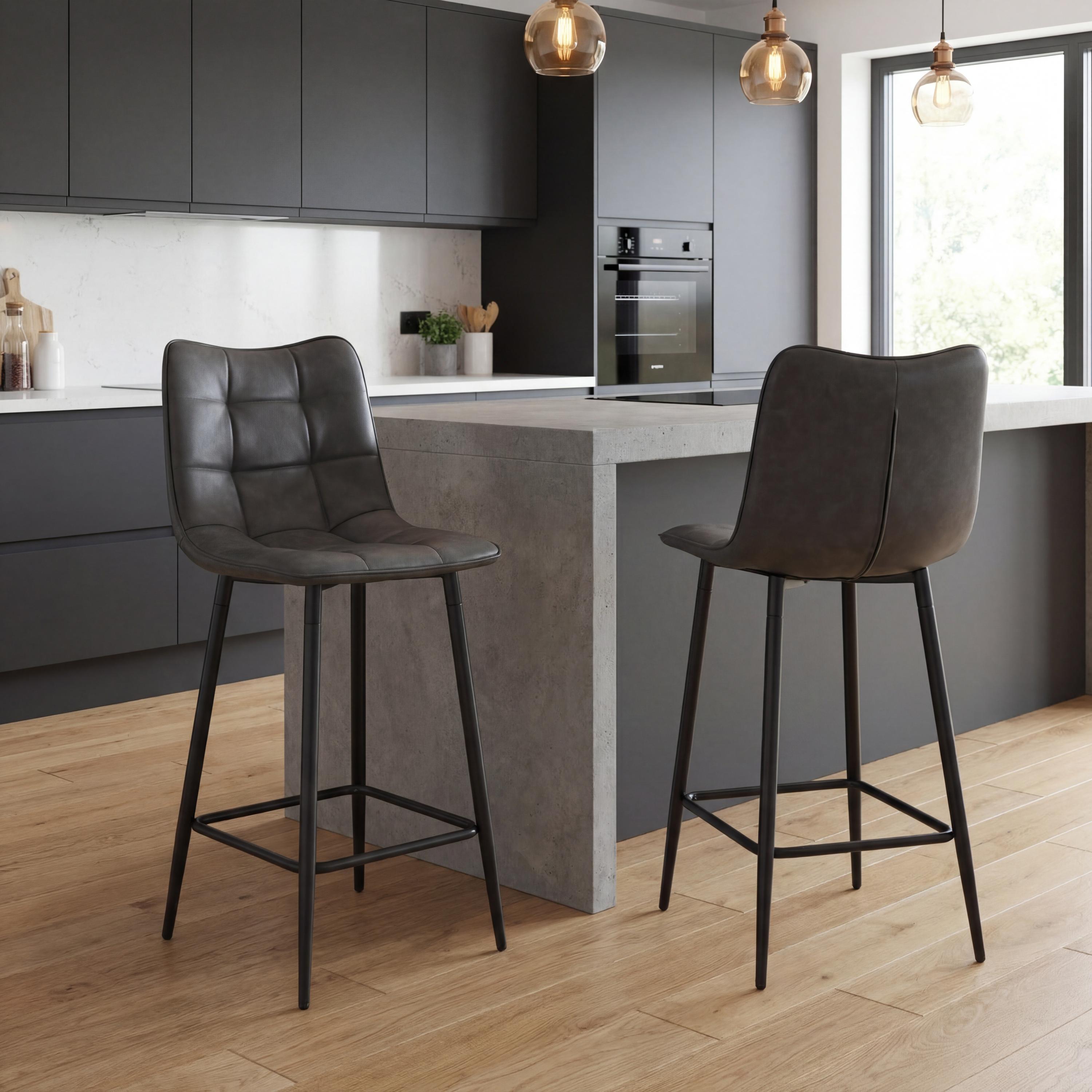 Norwoford Grey Leather Look Upholstered Bar Stool with Black Metal Frame by Shankar | Style Our Home