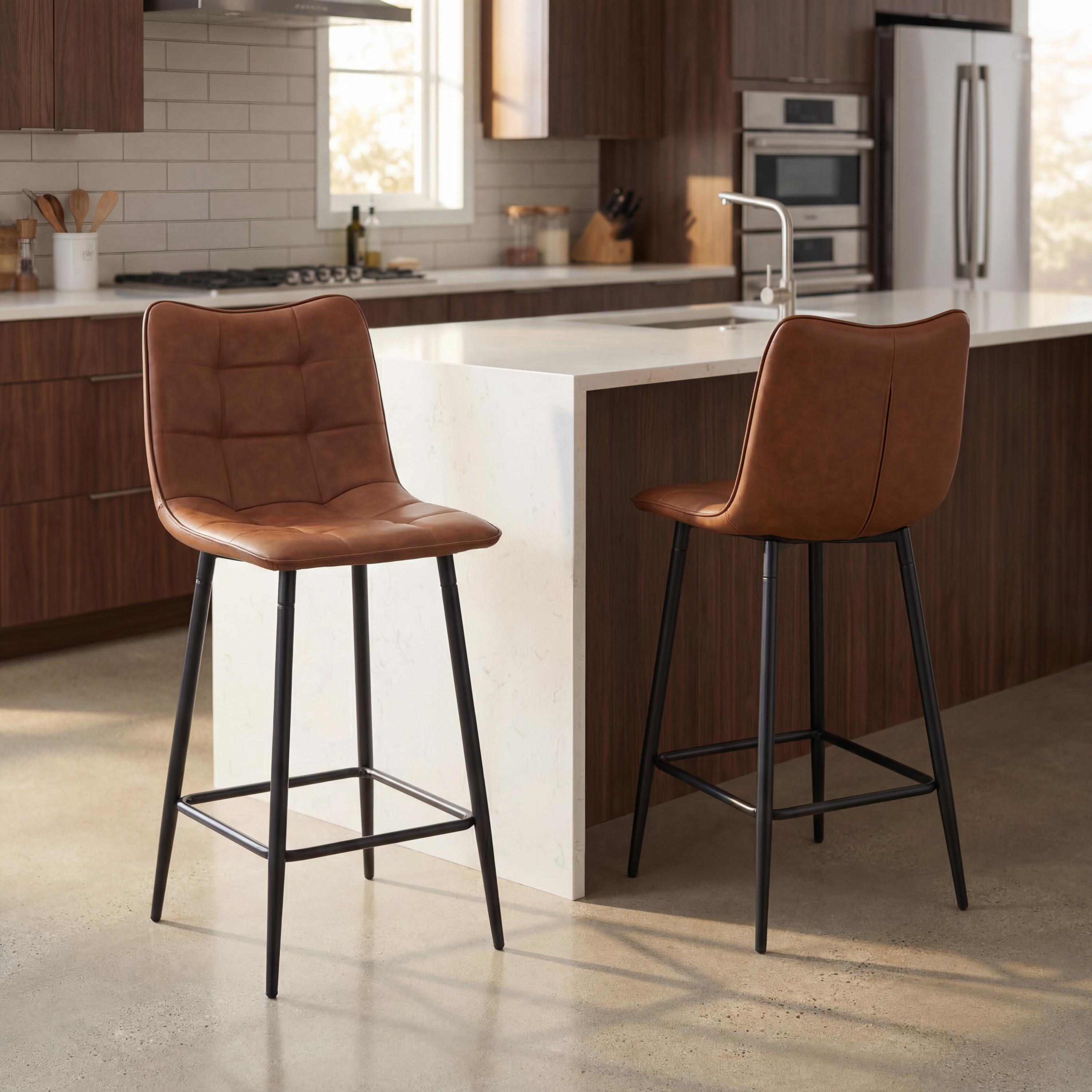 Norwoford Tuscan Tan Leather Look Upholstered Bar Stool with Black Metal Frame by Shankar | Style Our Home