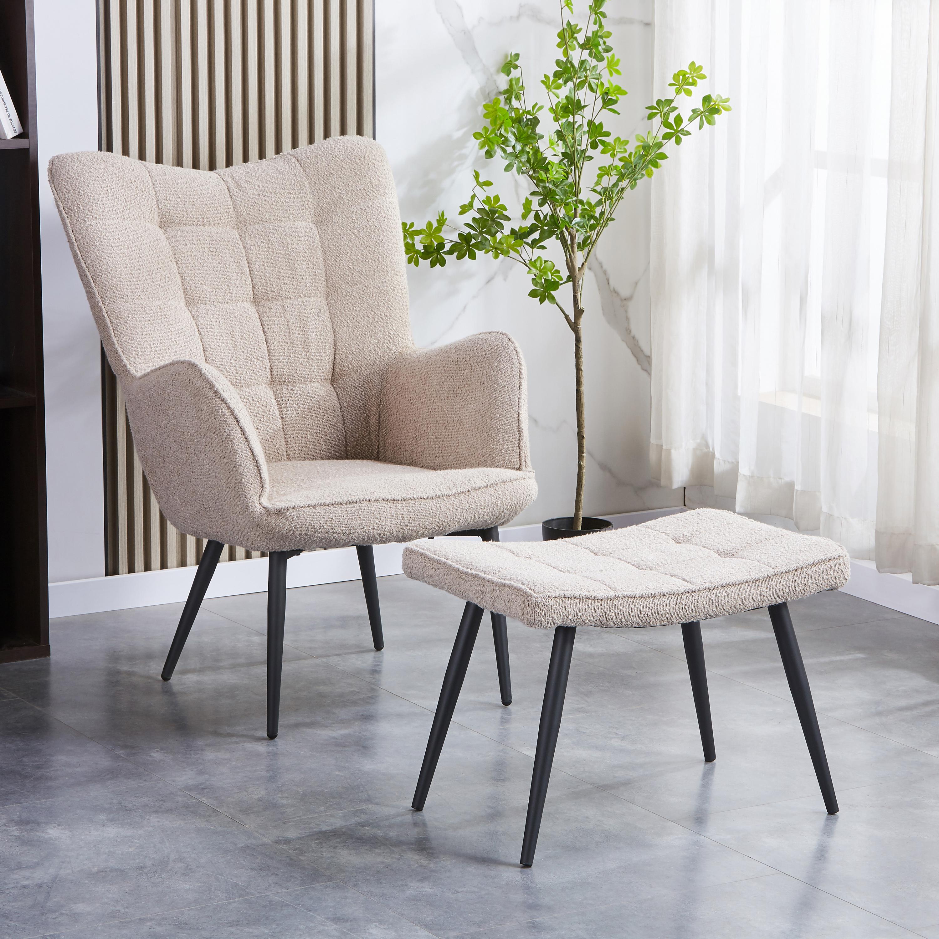 Roscside Light Brown Bouclé Armchair with Matching Footstool by Shankar | Style Our Home