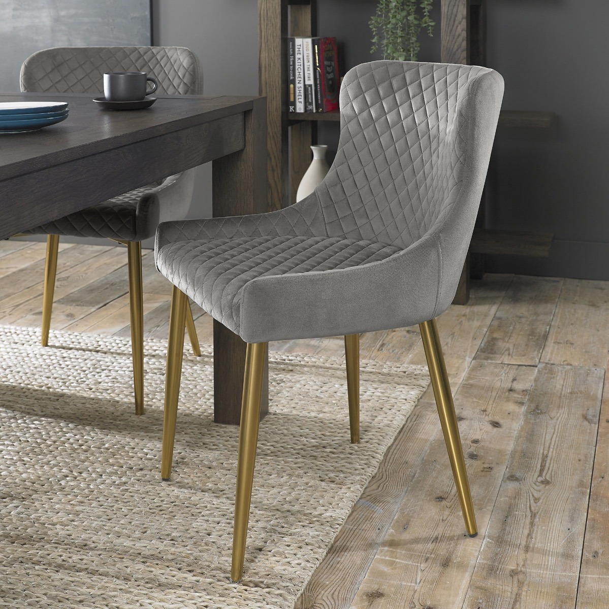 Upholstered Grey Velvet Diamond Chair with Gold Frame (Pair)