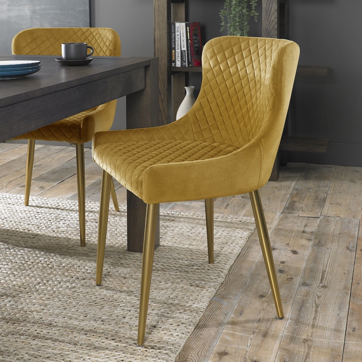 Upholstered Mustard Velvet Diamond Chair with Gold Frame (Pair)