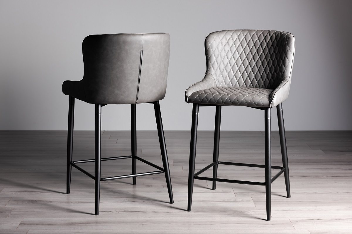 Upholstered Dark Grey Diamond Bar Stool with Black Frame (Pair)
