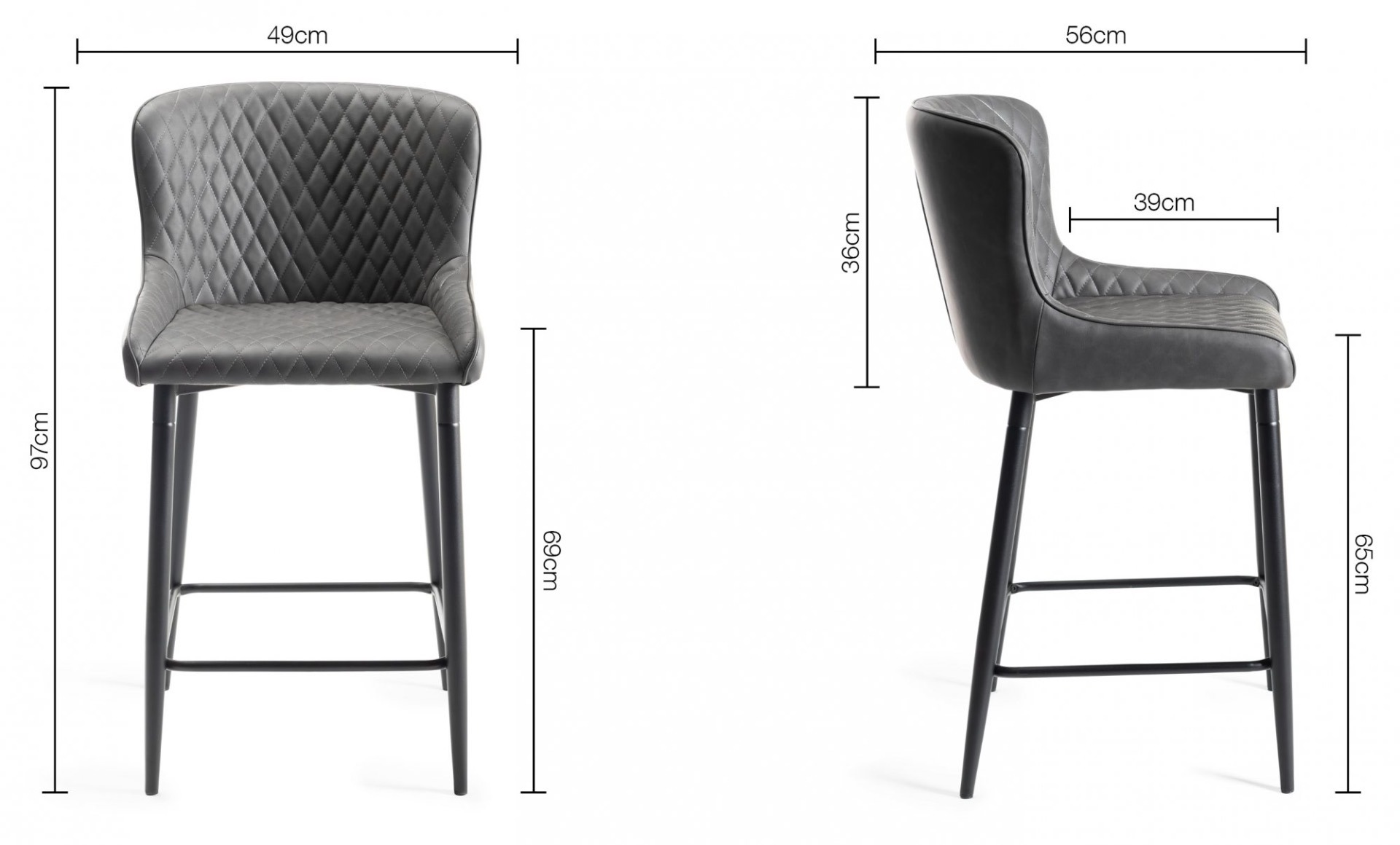 Upholstered Dark Grey Diamond Bar Stool with Black Frame (Pair)