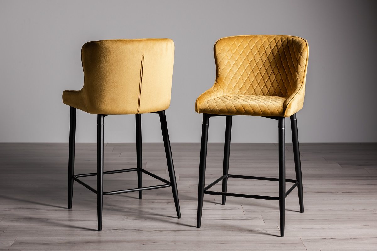 Upholstered Mustard Velvet Diamond Bar Stool with Black Frame (Pair)