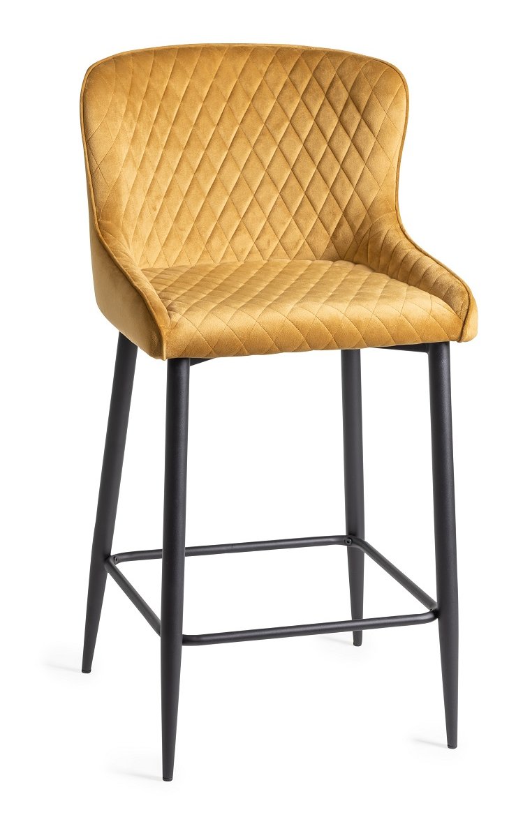 Upholstered Mustard Velvet Diamond Bar Stool with Black Frame (Pair)