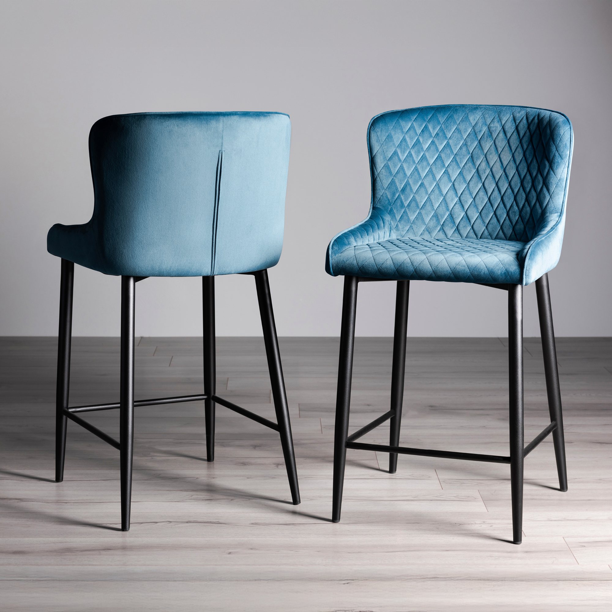 Cezanne - Petrol Blue Velvet Fabric Bar Stool with Black Legs (Pair) by Bentley Designs | Style Our Home