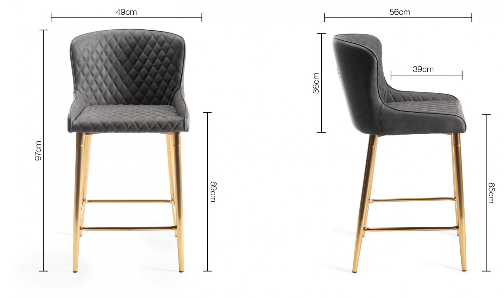 Upholstered Dark Grey Diamond Bar Stool with Gold Frame (Pair)