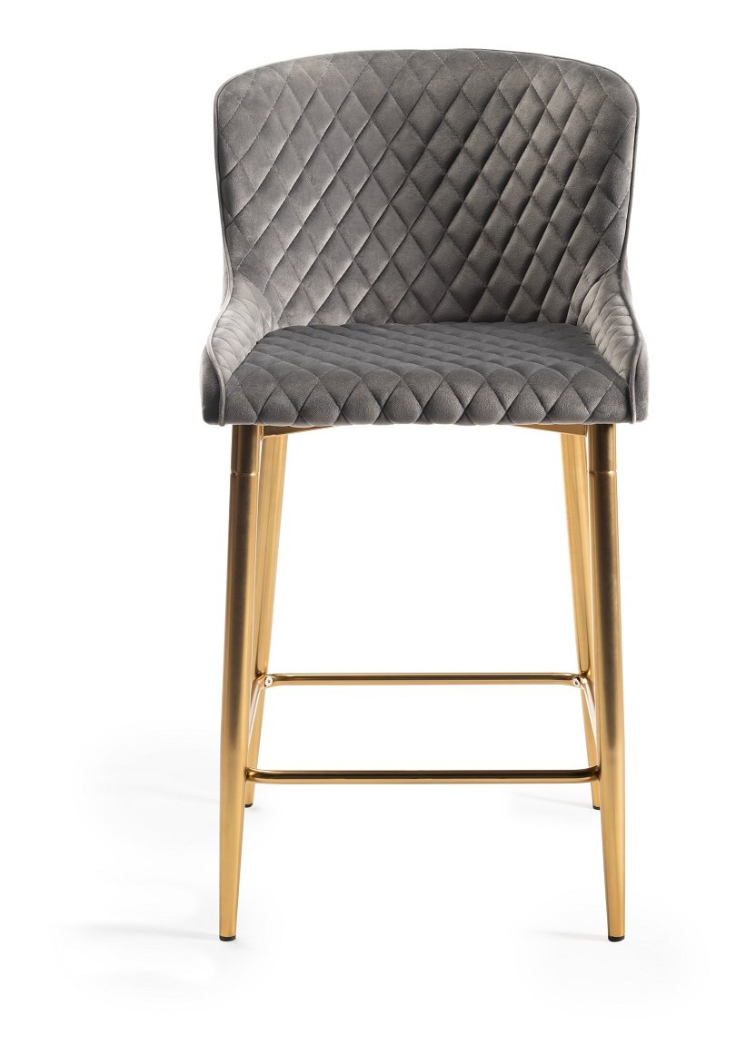 Upholstered Grey Velvet Diamond Bar Stool with Gold Frame (Pair)