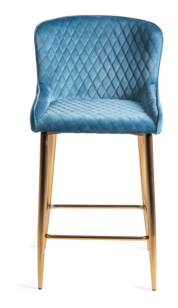 Upholstered Blue Velvet Diamond Bar Stool with Gold Frame (Pair)