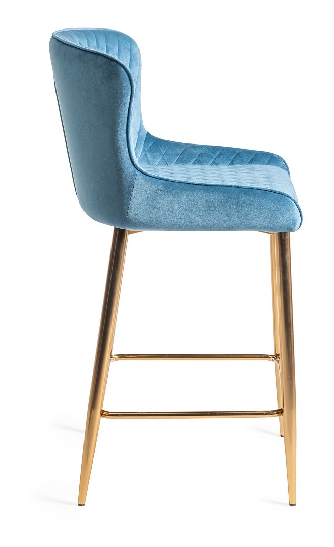 Upholstered Blue Velvet Diamond Bar Stool with Gold Frame (Pair)