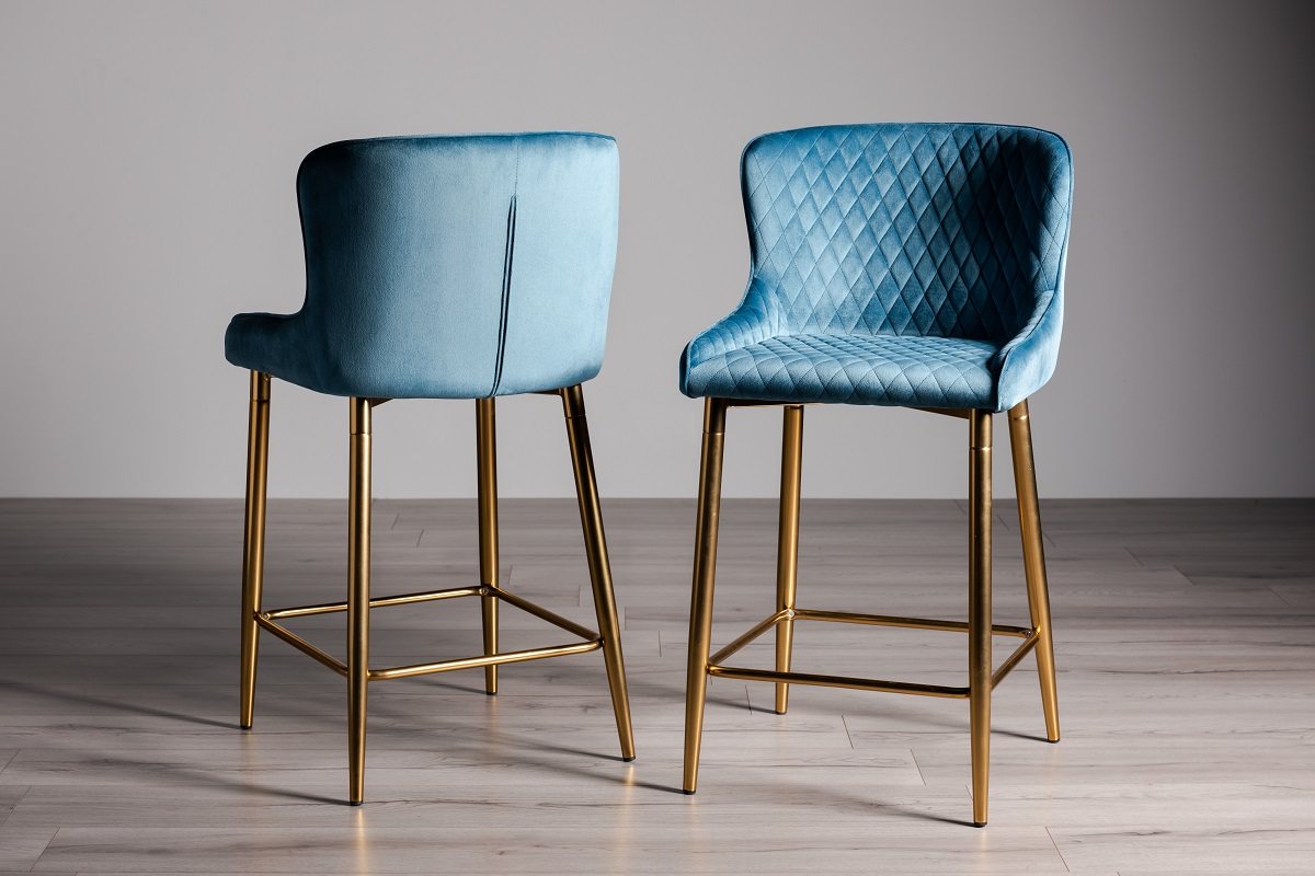 Upholstered Blue Velvet Diamond Bar Stool with Gold Frame (Pair)