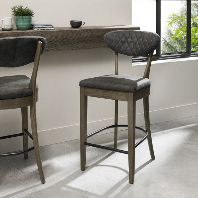 Ellipse Fumed Oak Upholstered Bar Stool - Dark Grey Fabric (Pair) by Bentley Designs | Style Our Home