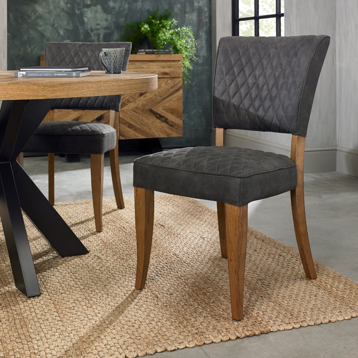 Logan Rustic Oak Upholstered Chair - Dark Grey Fabric (Pair) by Bentley Designs | Style Our Home
