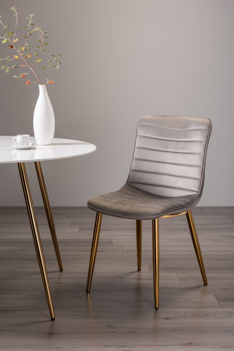 Rothko Upholstered Grey Velvet Chair with Matt Gold Plated Legs (Pair) - Style Our Home