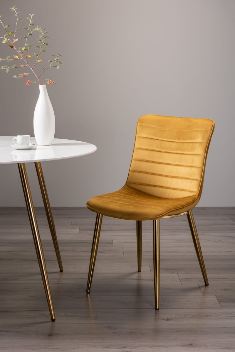 Rothko Upholstered Mustard Velvet Chair with Matt Gold Plated Legs (Pair) - Style Our Home