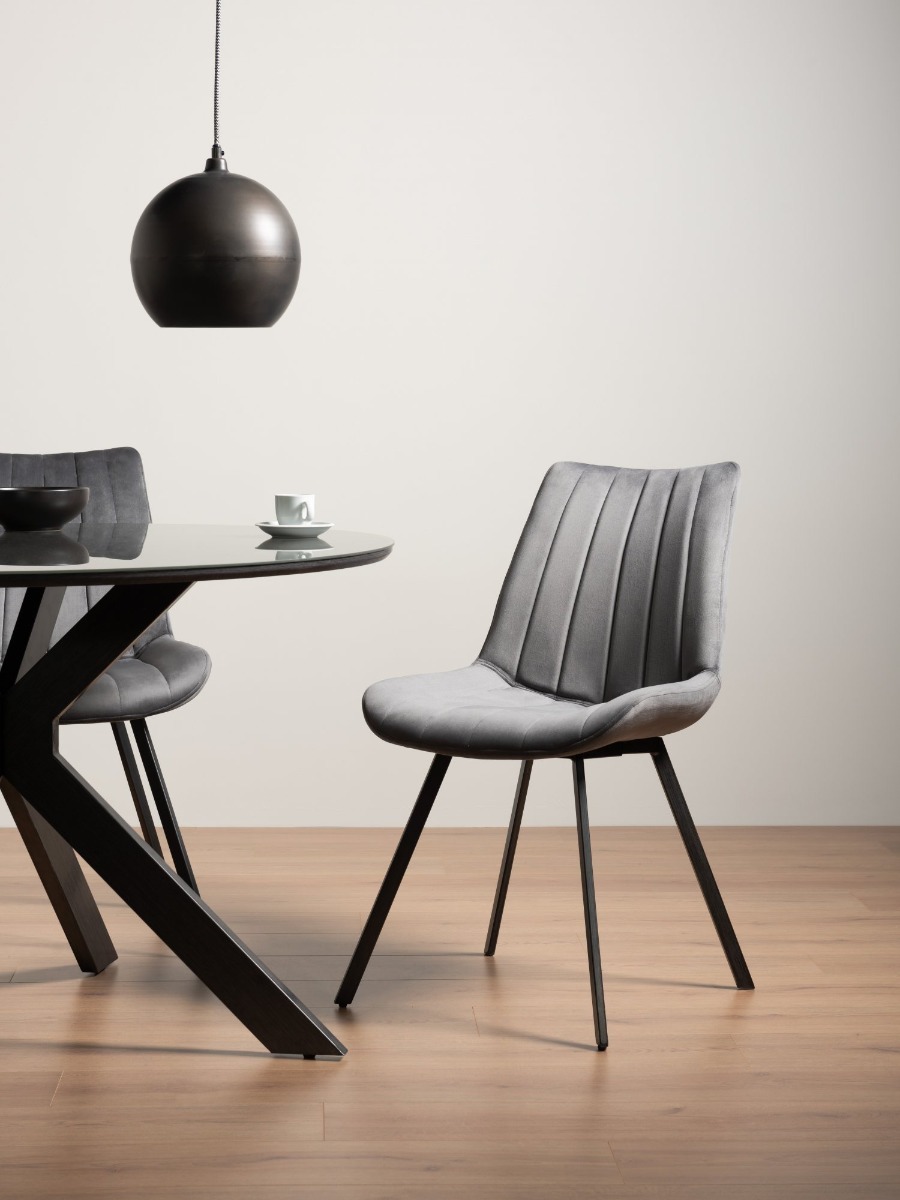 Fontana - Grey Velvet Fabric Chairs with Grey Hand Brushing on Black Powder Coated Legs (Pair) from Style Our Home