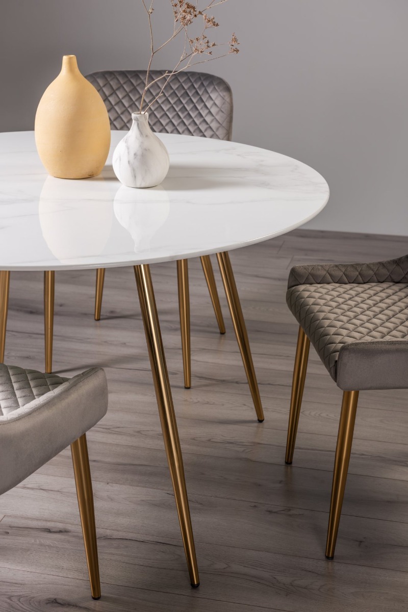 Francesca White Marble Effect Tempered Glass 4 seater Dining Table with Matt Gold Plated Legs - Style Our Home