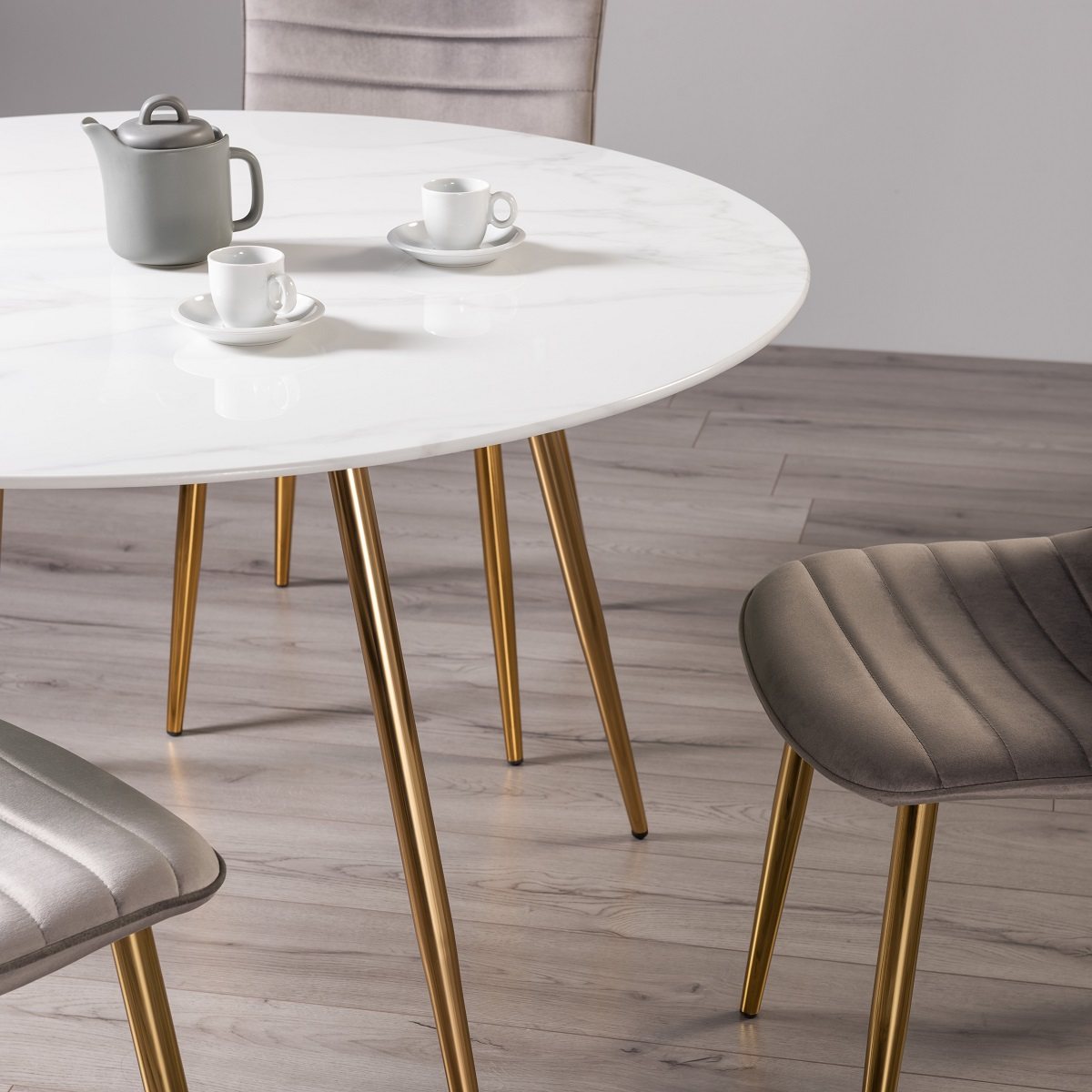 Francesca White Marble Effect Tempered Glass 4 seater Dining Table with Matt Gold Plated Legs - Style Our Home