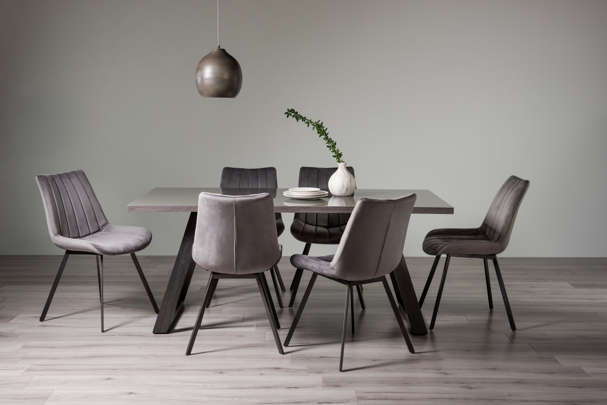 Hirst Grey Painted Glass 6 Seater Table & 6 Fontana Grey Velvet Chairs by Bentley Designs | Style Our Home