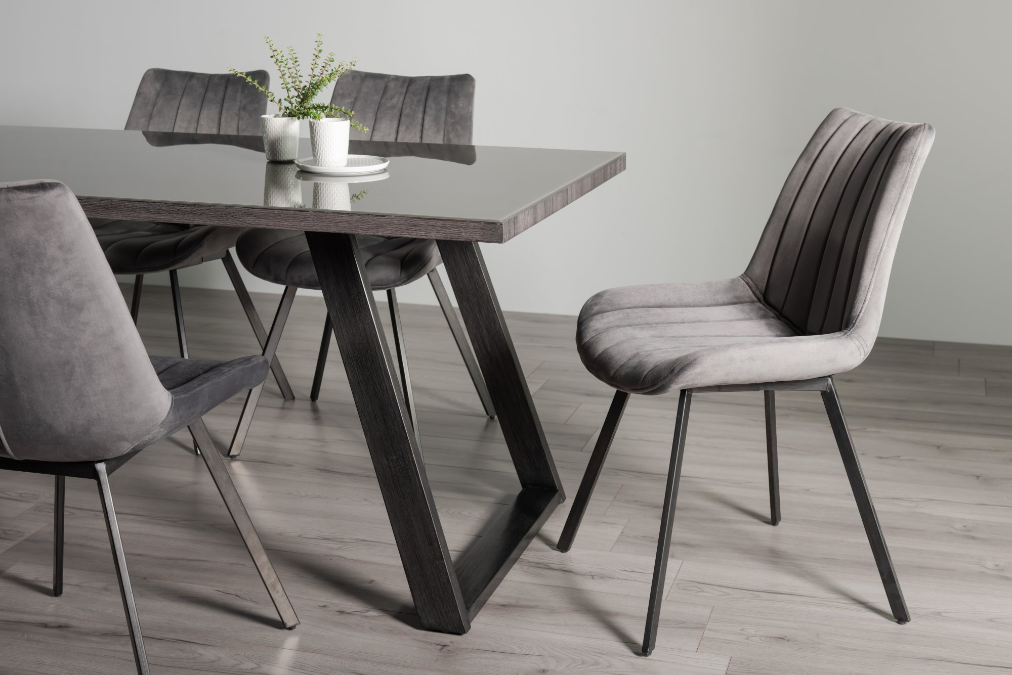 Hirst Grey Painted Glass 6 Seater Table & 6 Fontana Grey Velvet Chairs by Bentley Designs | Style Our Home
