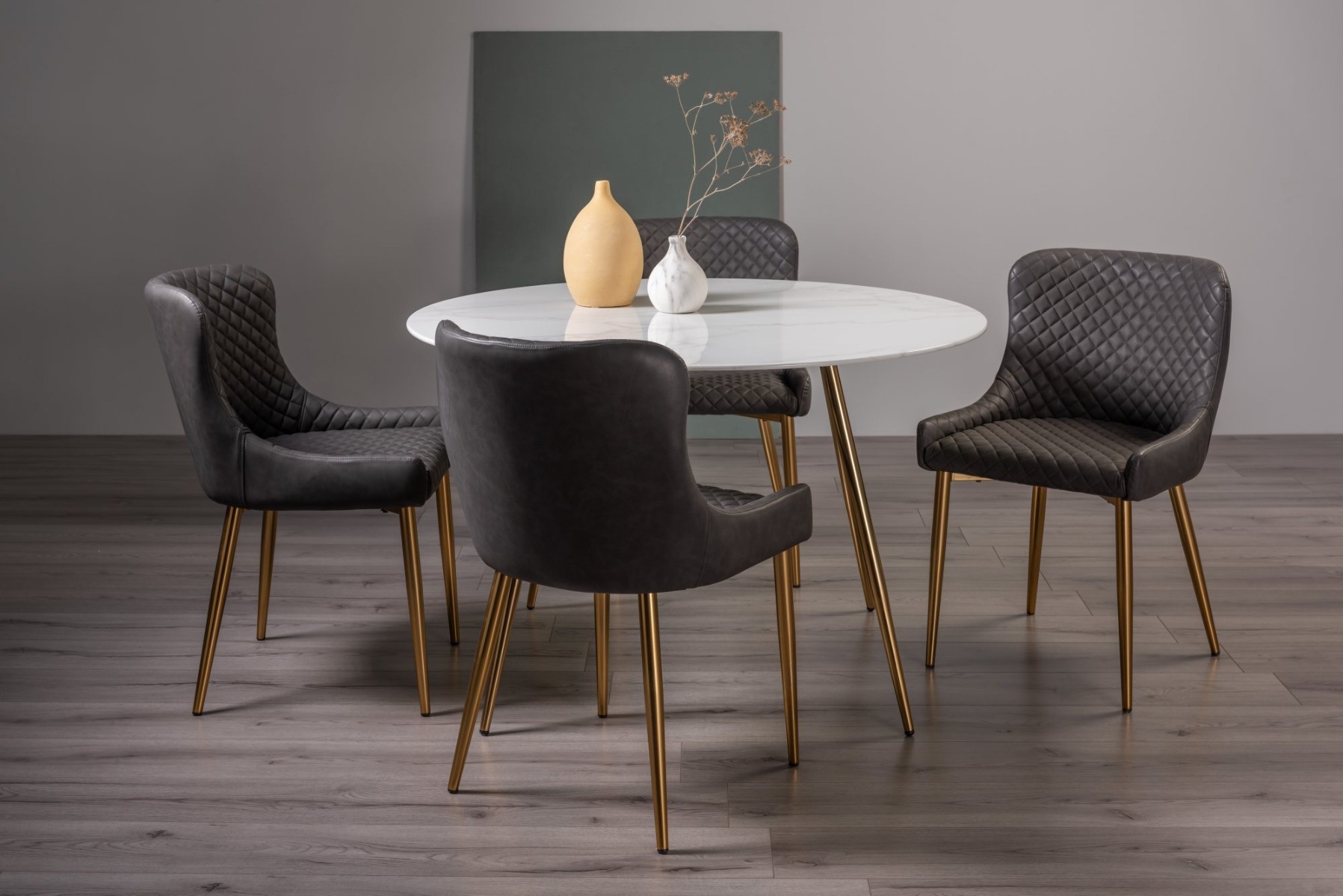 Francesca White Marble Effect Tempered Glass 4 Seater Dining Table & 4 Cezanne Dark Grey Faux Leather Chairs with Matt Gold Plated Legs - Style Our Home