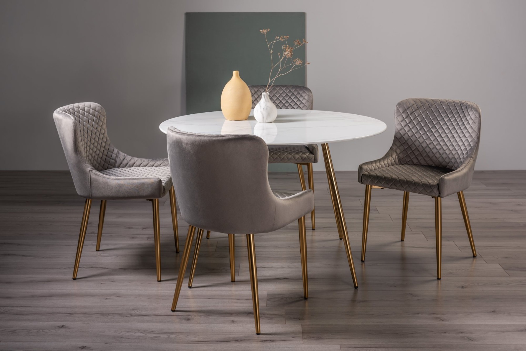 Francesca White Marble Effect Tempered Glass 4 Seater Dining Table & 4 Cezanne Grey Velvet Fabric Chairs with Matt Gold Plated Legs - Style Our Home