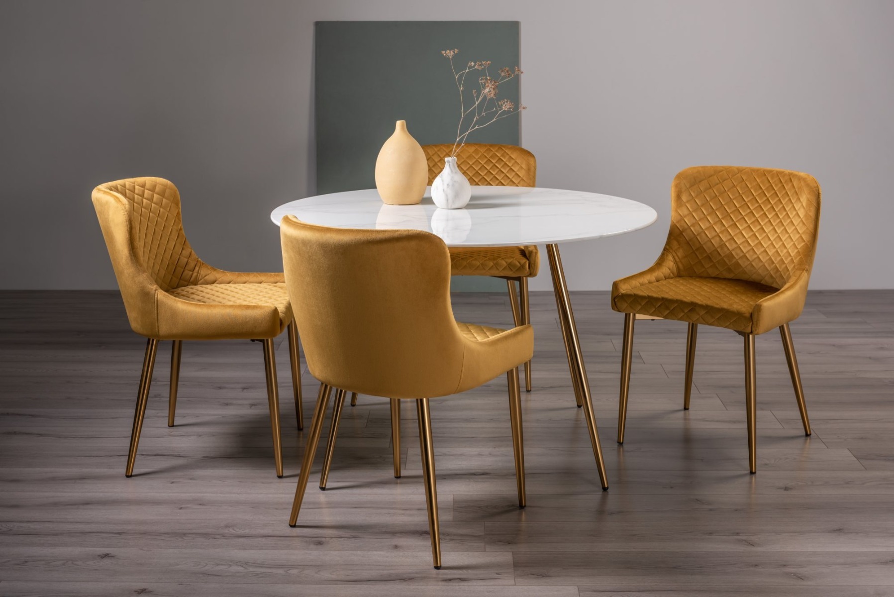 Francesca White Marble Effect Tempered Glass 4 Seater Dining Table & 4 Cezanne Mustard Velvet Fabric Chairs with Matt Gold Plated Legs - Style Our Home