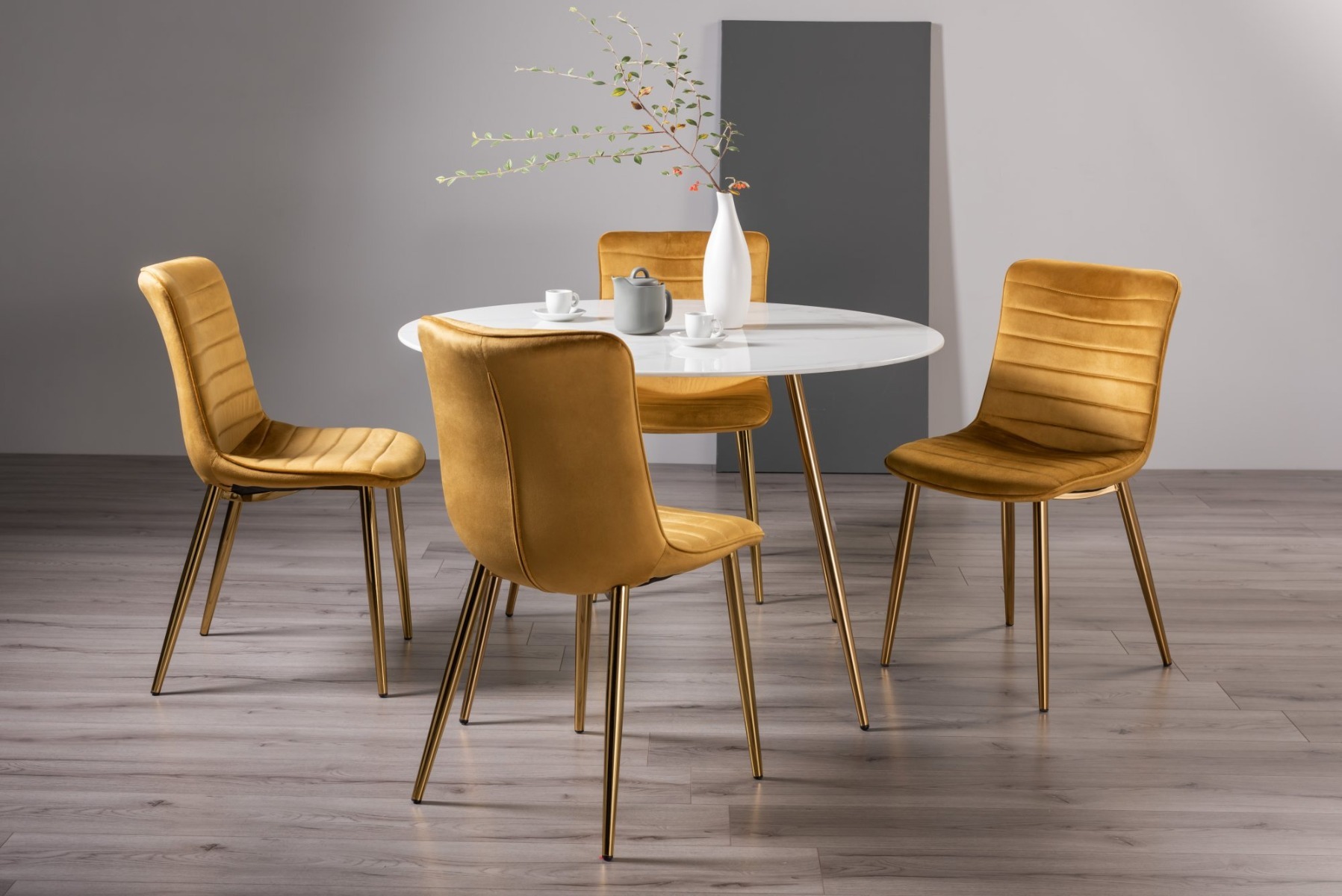 Francesca White Marble Effect Tempered Glass 4 Seater Dining Table & 4 Rothko Mustard Velvet Fabric Chairs with Matt Gold Plated Legs - Style Our Home