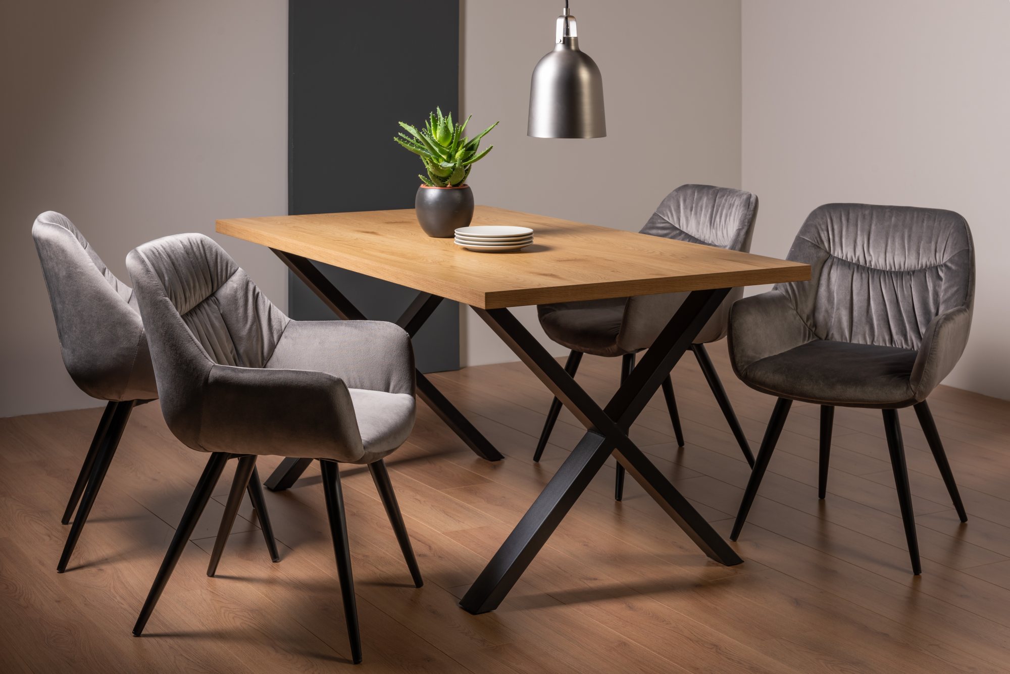 Ramsay Oak Melamine 6 Seater Table - X Leg & 4 Dali Grey Velvet Chairs by Bentley Designs | Style Our Home